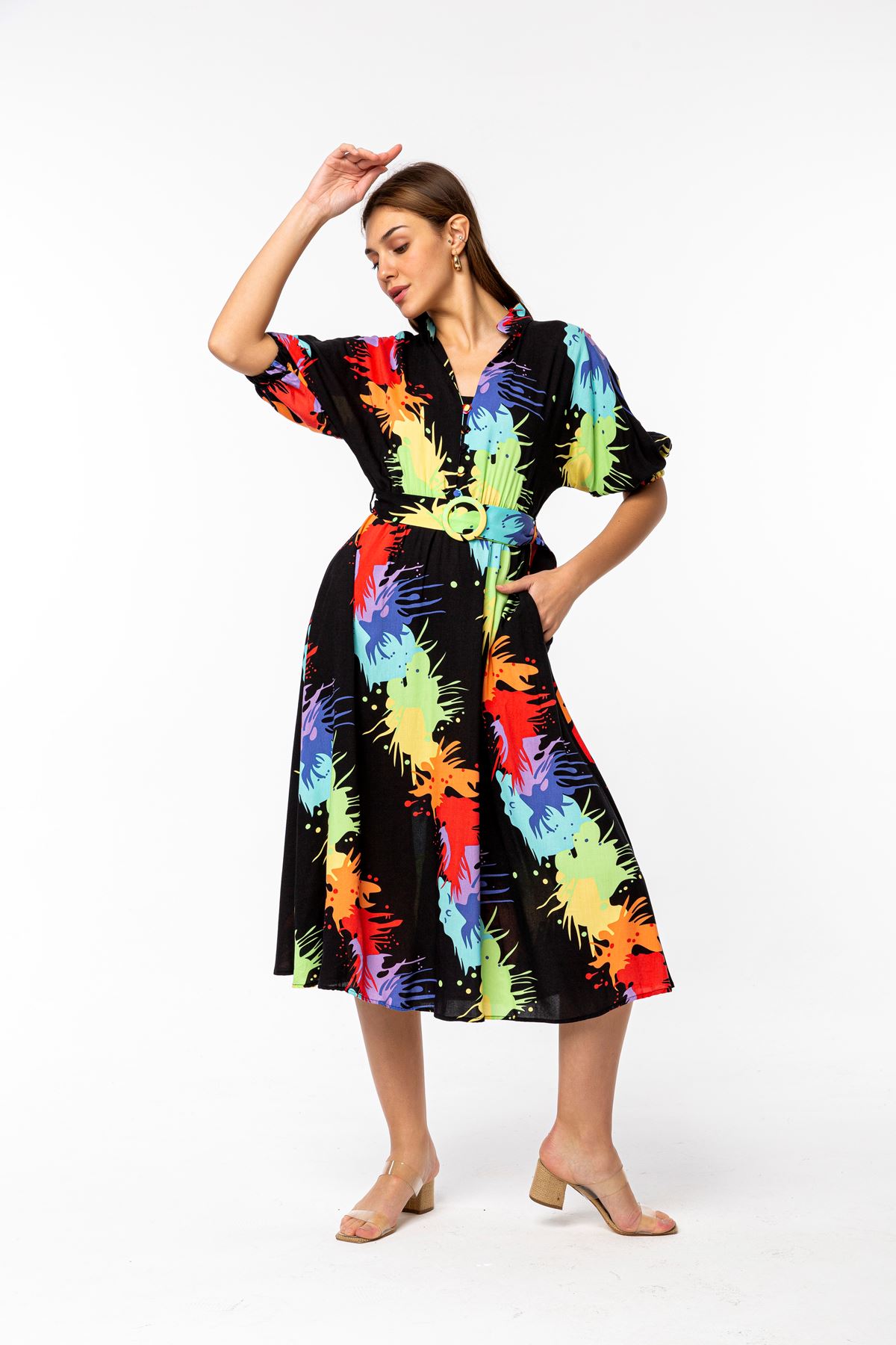 Viscose Fabric Short Sleeve Midi Comfy Colourful Belted Women Dress - Black