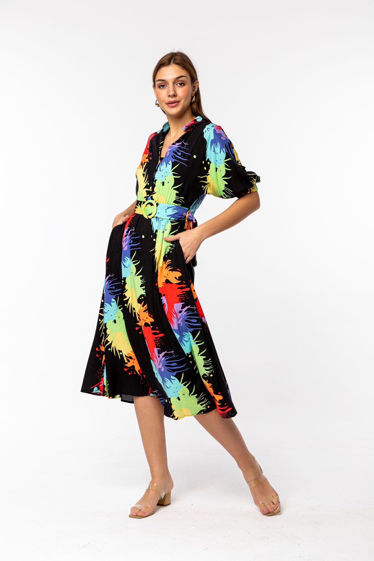 Viscose Fabric Short Sleeve Midi Comfy Colourful Belted Women Dress - Black