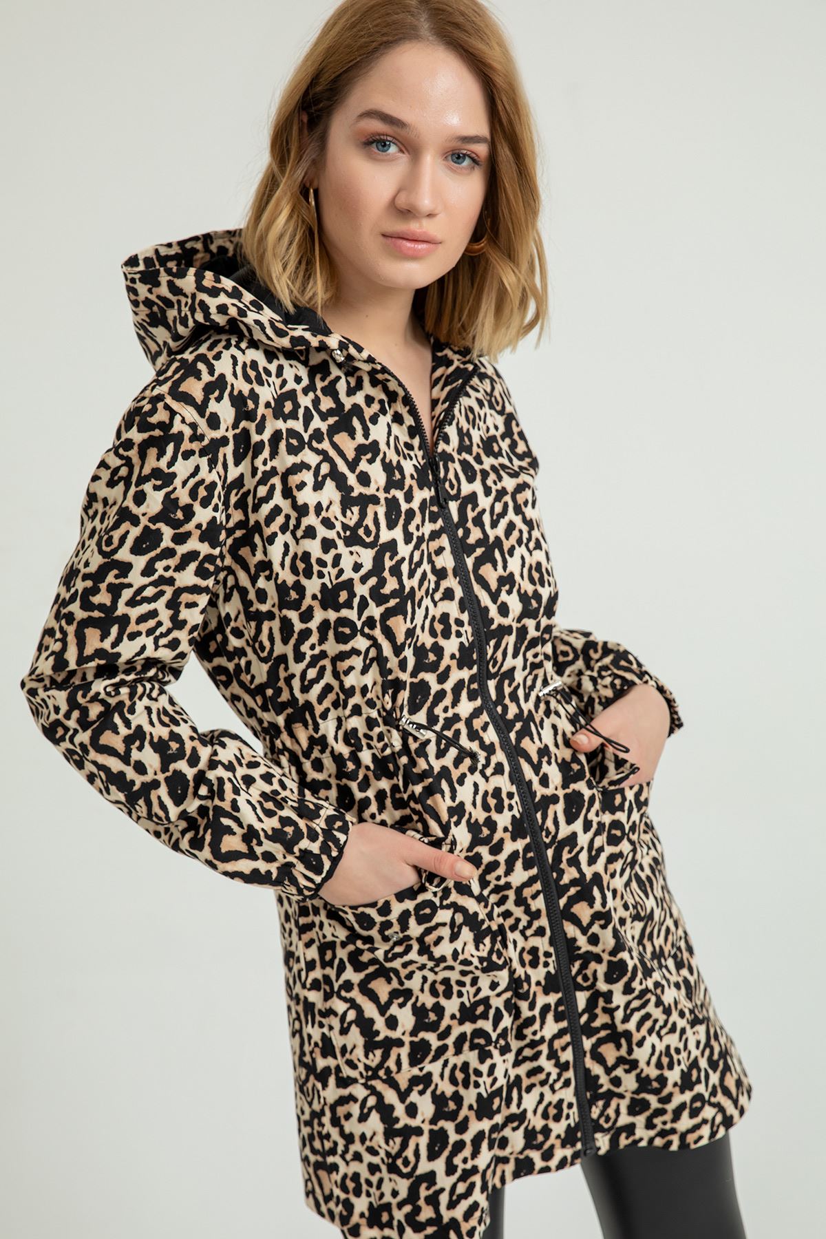 Gabardine Fabric Long Sleeve Hooded Below Hip Leopard Print Bomber Women Coat - Brown