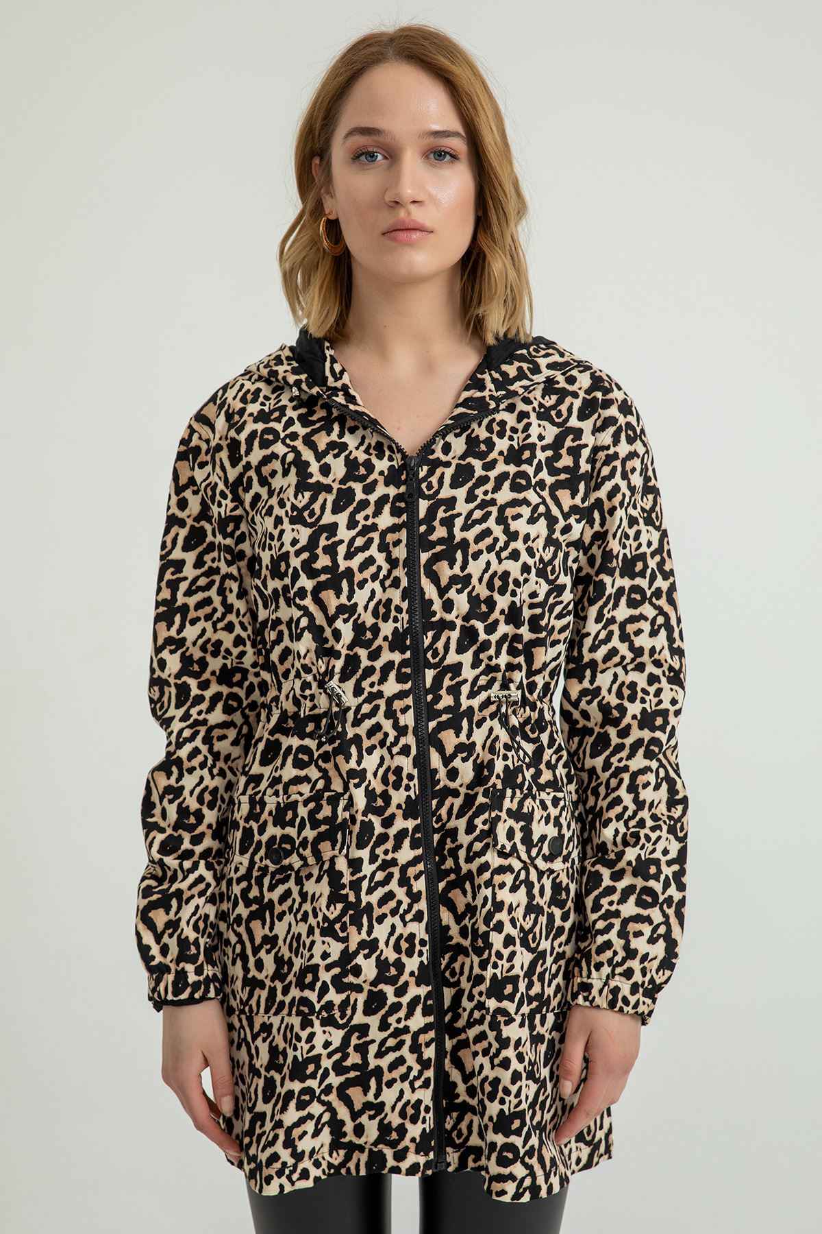 Gabardine Fabric Long Sleeve Hooded Below Hip Leopard Print Bomber Women Coat - Brown