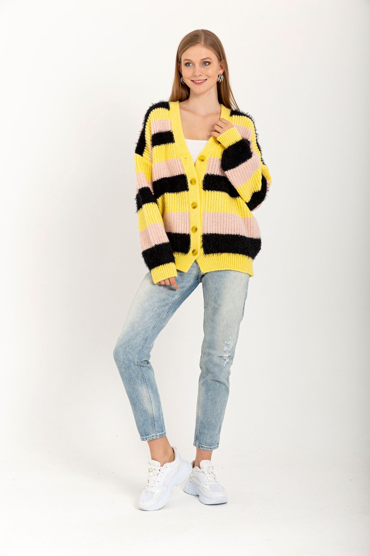 Knitwear Fabric Long Sleeve Bicycle Collar Striped Women Cardigan - Yellow