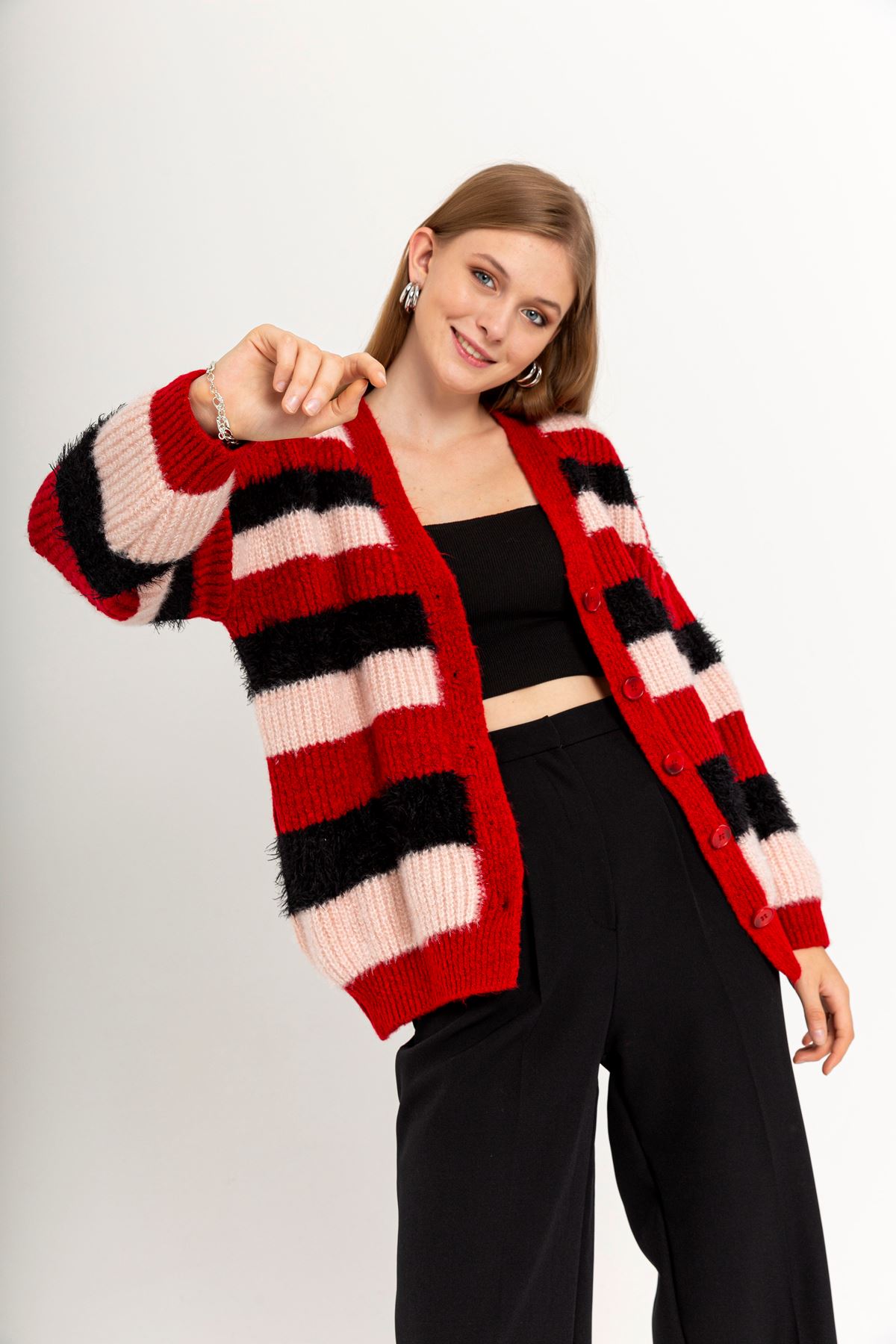 Knitwear Fabric Long Sleeve Bicycle Collar Striped Women Cardigan - Red