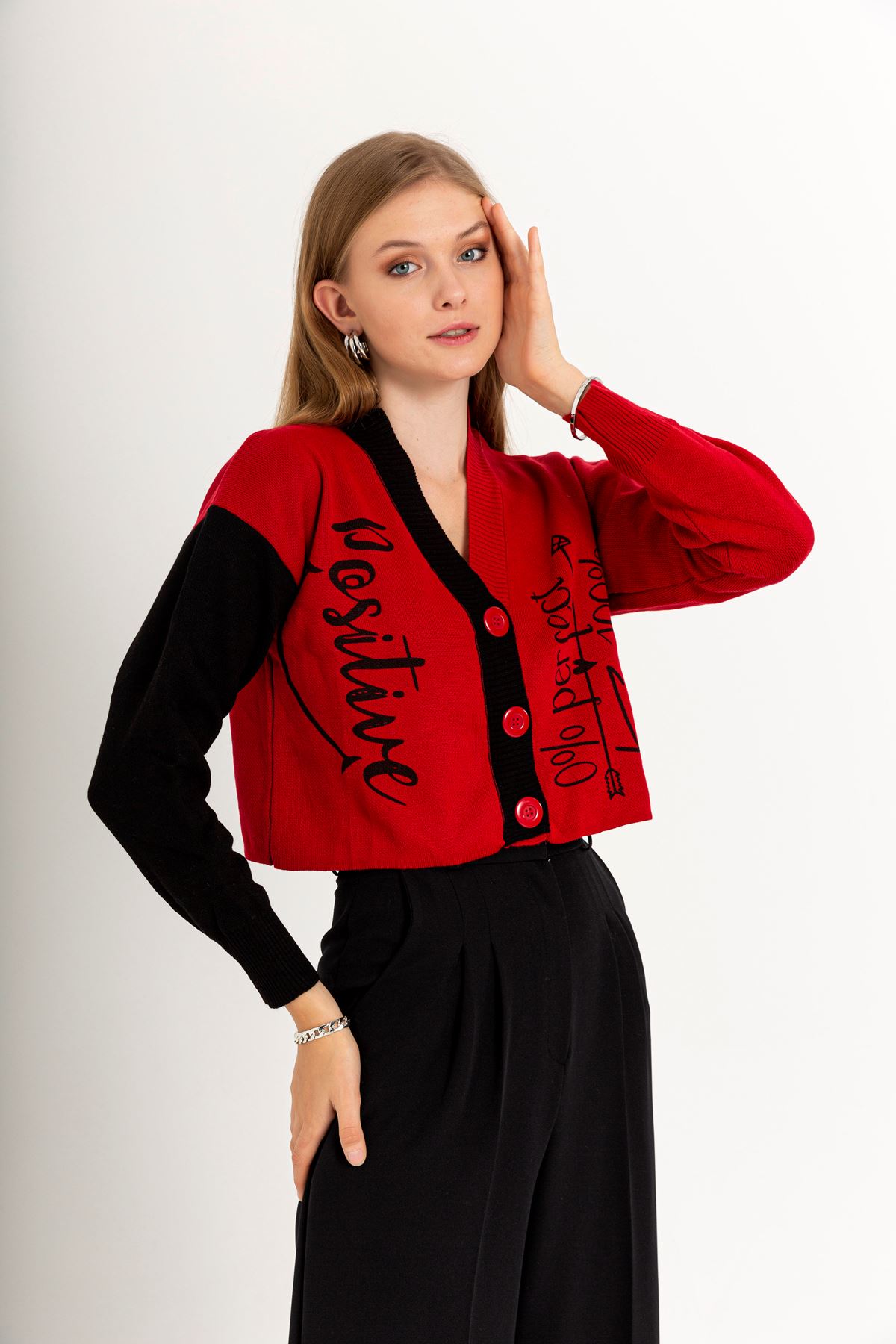 Knitwear Fabric Long Sleeve V-Neck Crop Oversize Inscribed Women Cardigan - Red