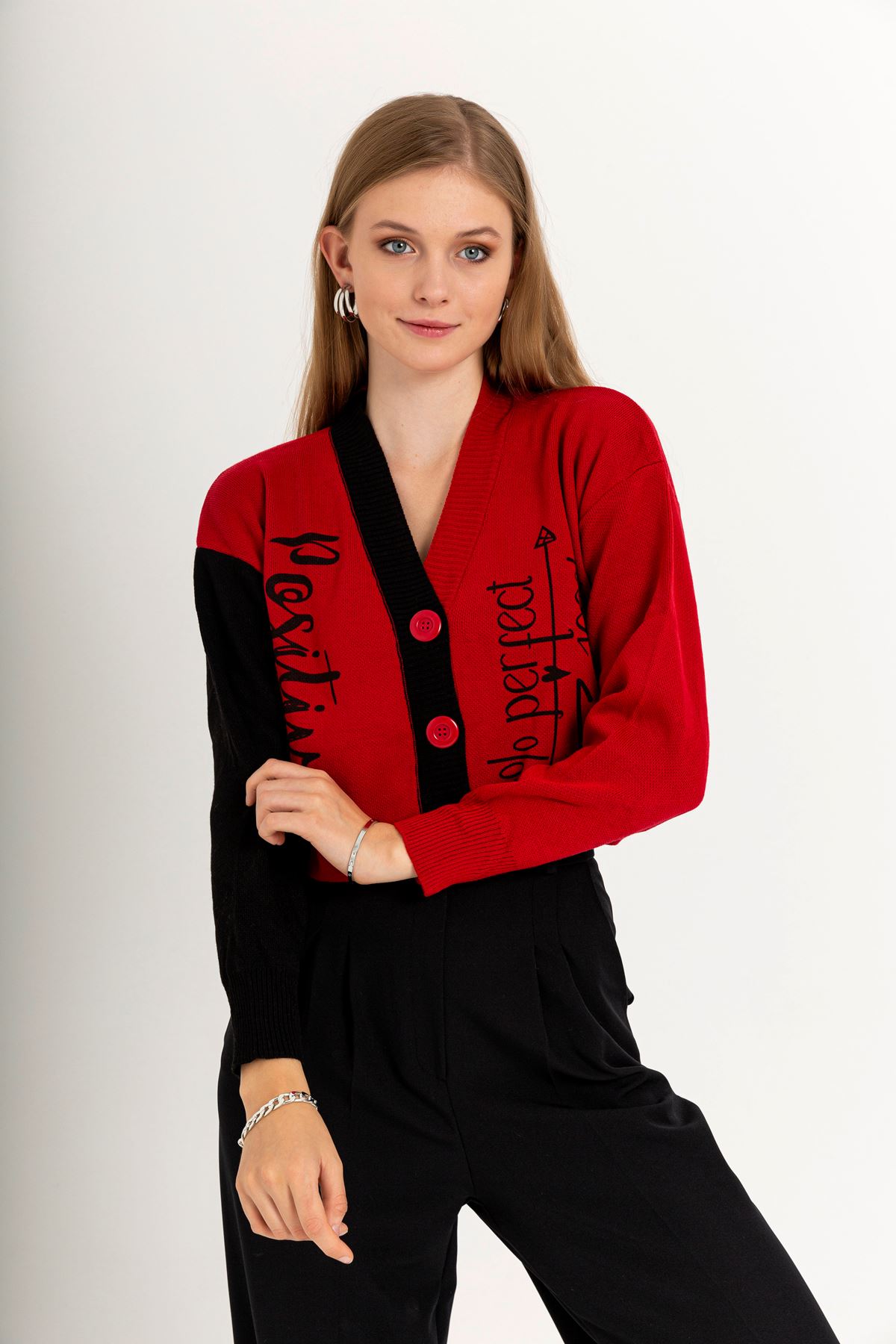 Knitwear Fabric Long Sleeve V-Neck Crop Oversize Inscribed Women Cardigan - Red