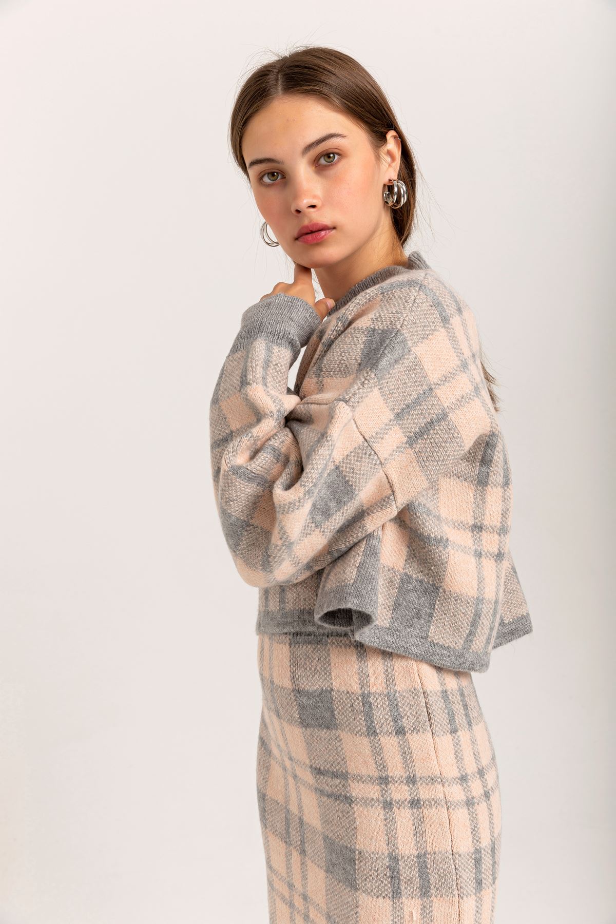 Knitwear Fabric Long Sleeve Bicycle Collar Plaid Women'S Set - Grey