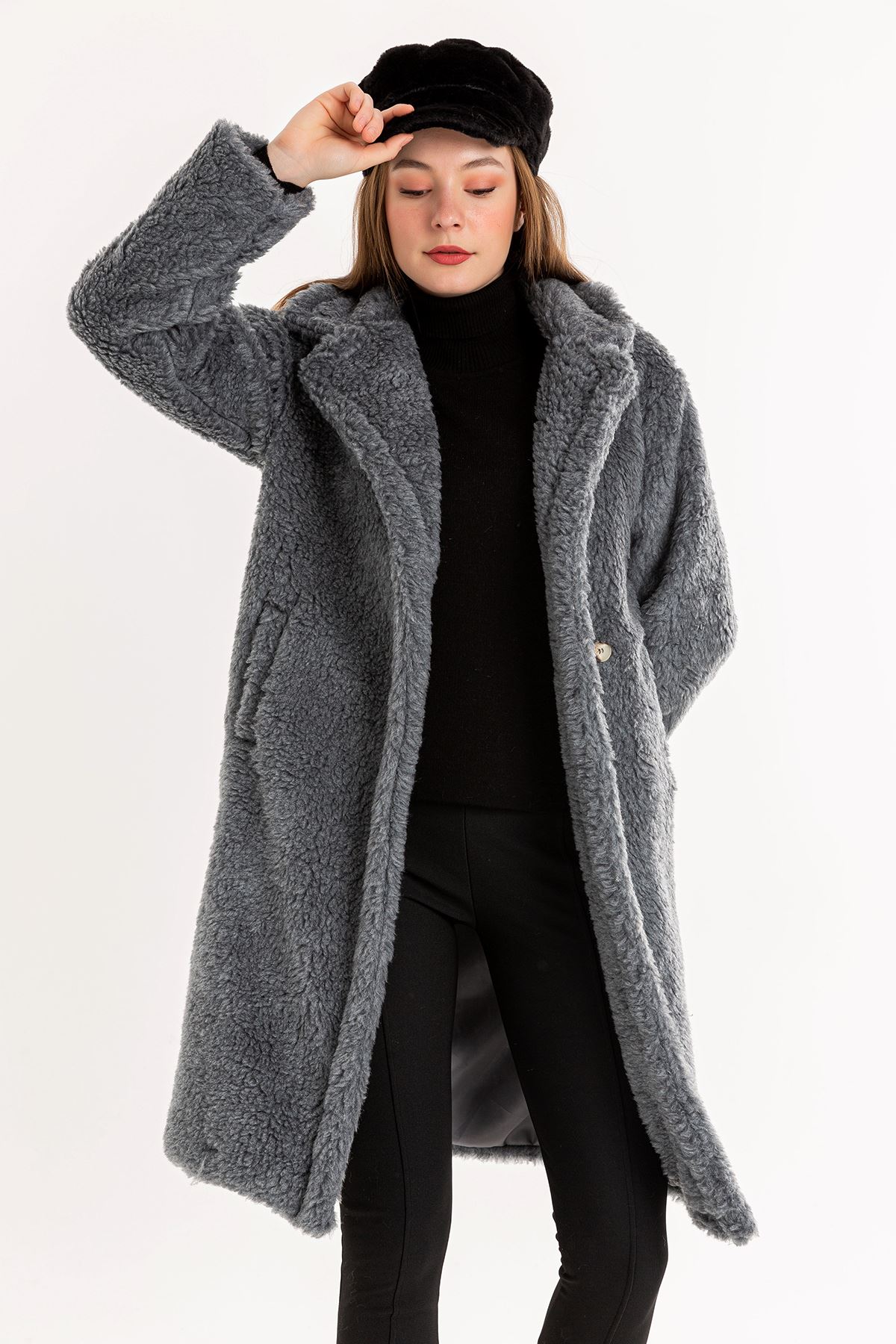 Teddy Fabric Long Sleeve Rever Collar Long Comfy Women'S Coat - Grey