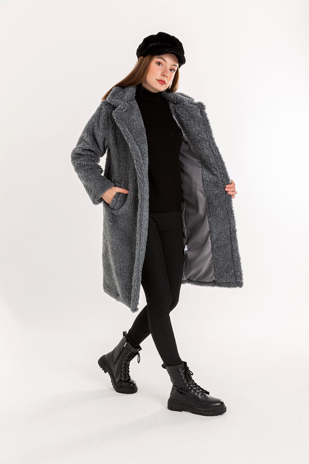 Teddy Fabric Long Sleeve Rever Collar Long Comfy Women'S Coat - Grey