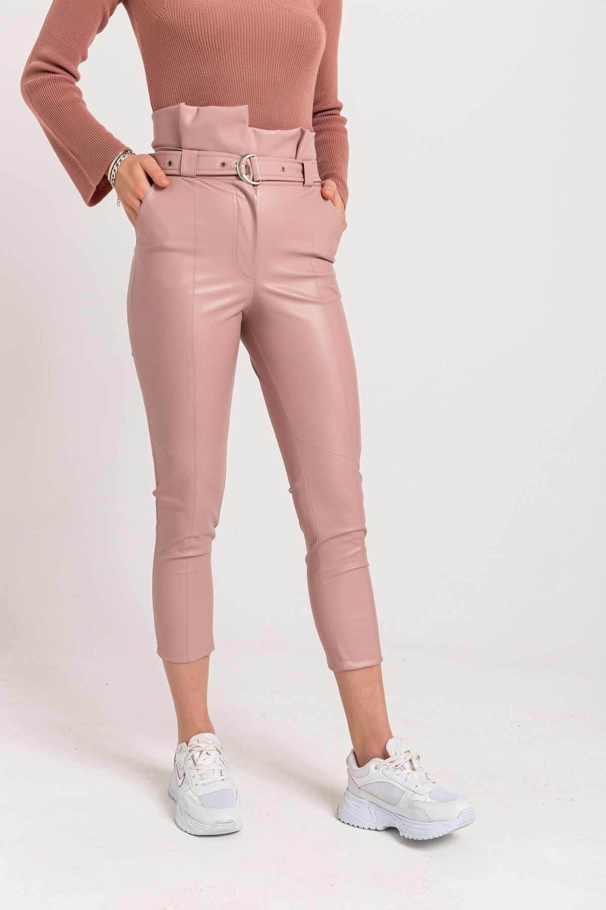 эко кожа ткань длинный узкий женские брюки - Светло розовый