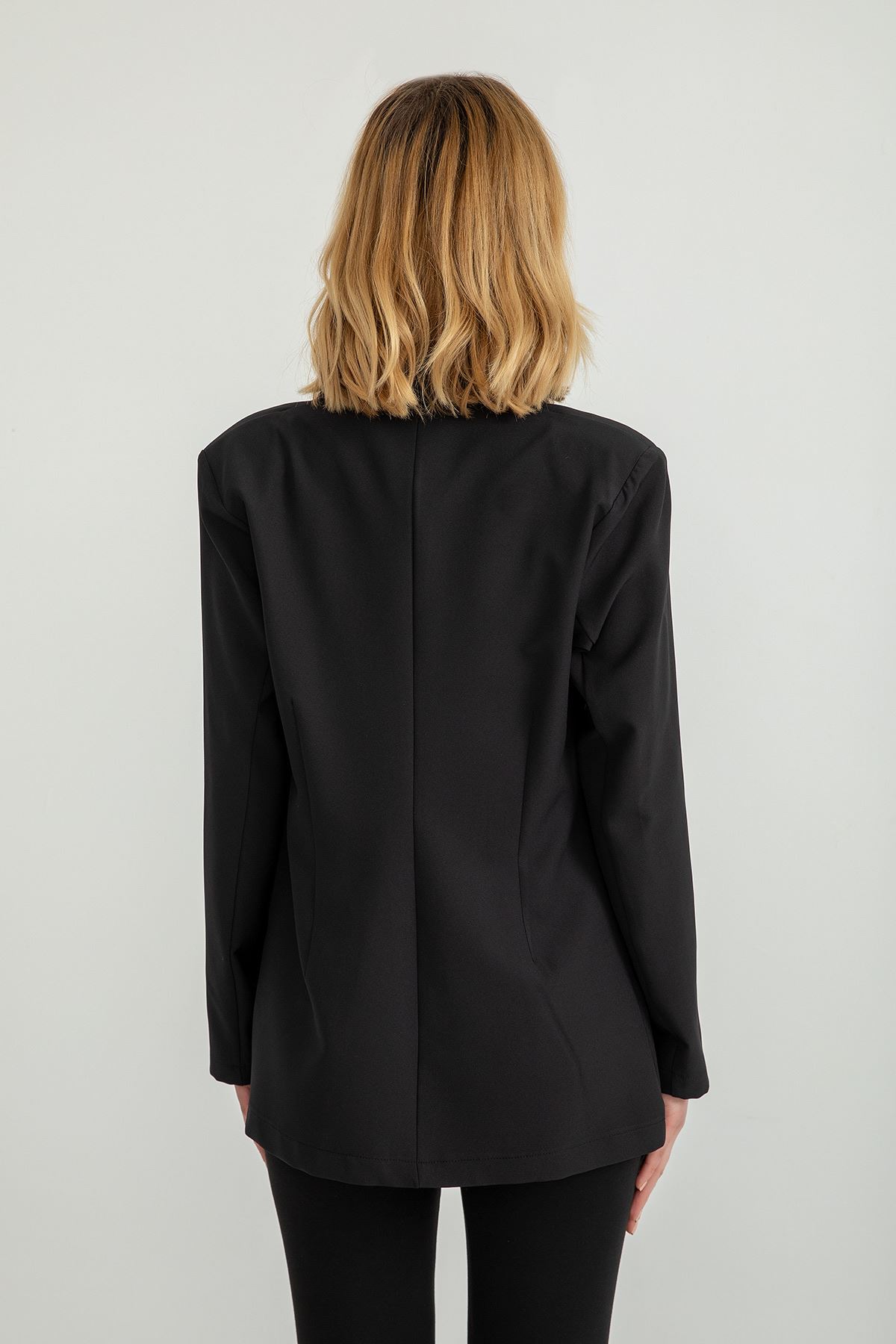 полиэстер ткань длинный рукав шалевый воротник женский пиджак - Чёрный