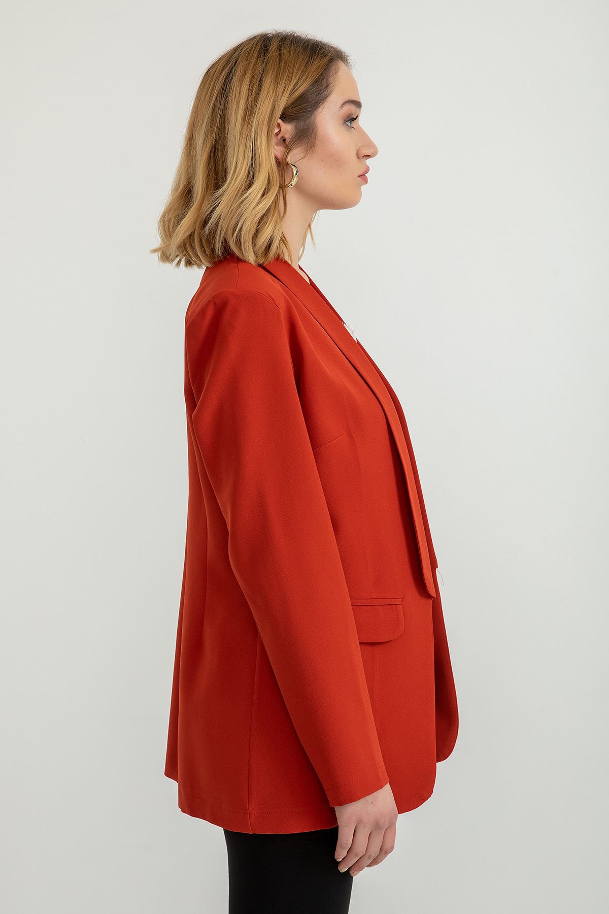 Polyester Fabric Shawl Collar Hip Height Classical Blazer Women Jacket - Brick 