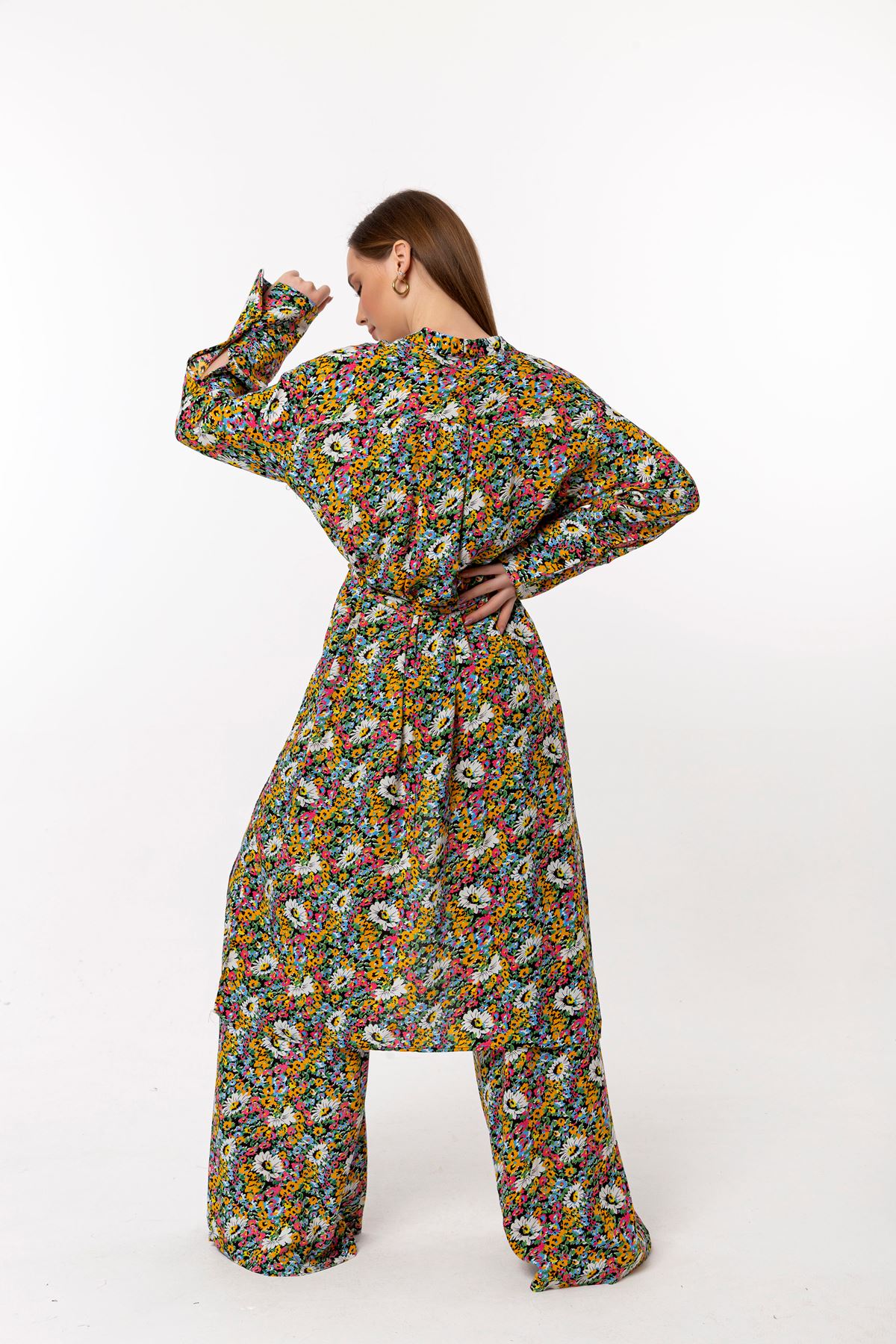 Long Sleeve Without Collar Below Knee Oversize Crispy Floral Women Kimono - Mustard