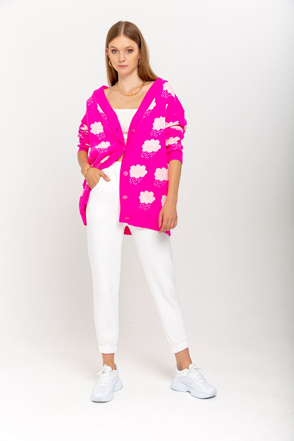 Knitwear Fabric Long Sleeve V-Neck Cloud Print Women'S Knitwear - Pink
