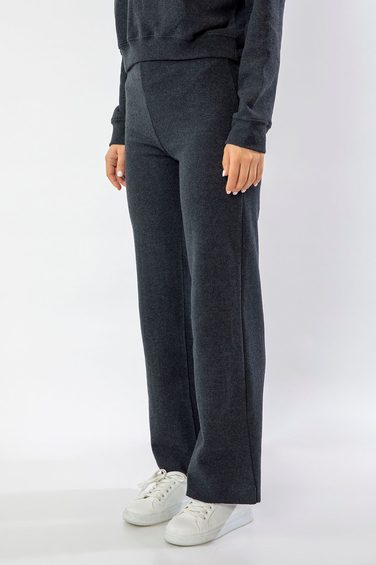 Thessaloniki Knitting Fabric Long Wide Fit Wide Leg Women'S Trouser - Anthracite 