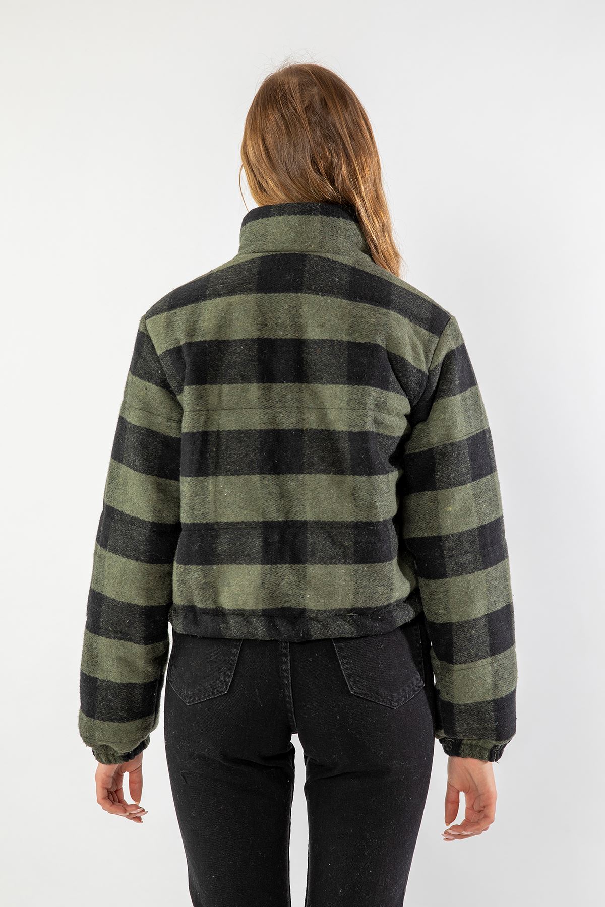 Long Sleeve Zip Neck Short Woodcutter Print Bomber Women Coat - Khaki 