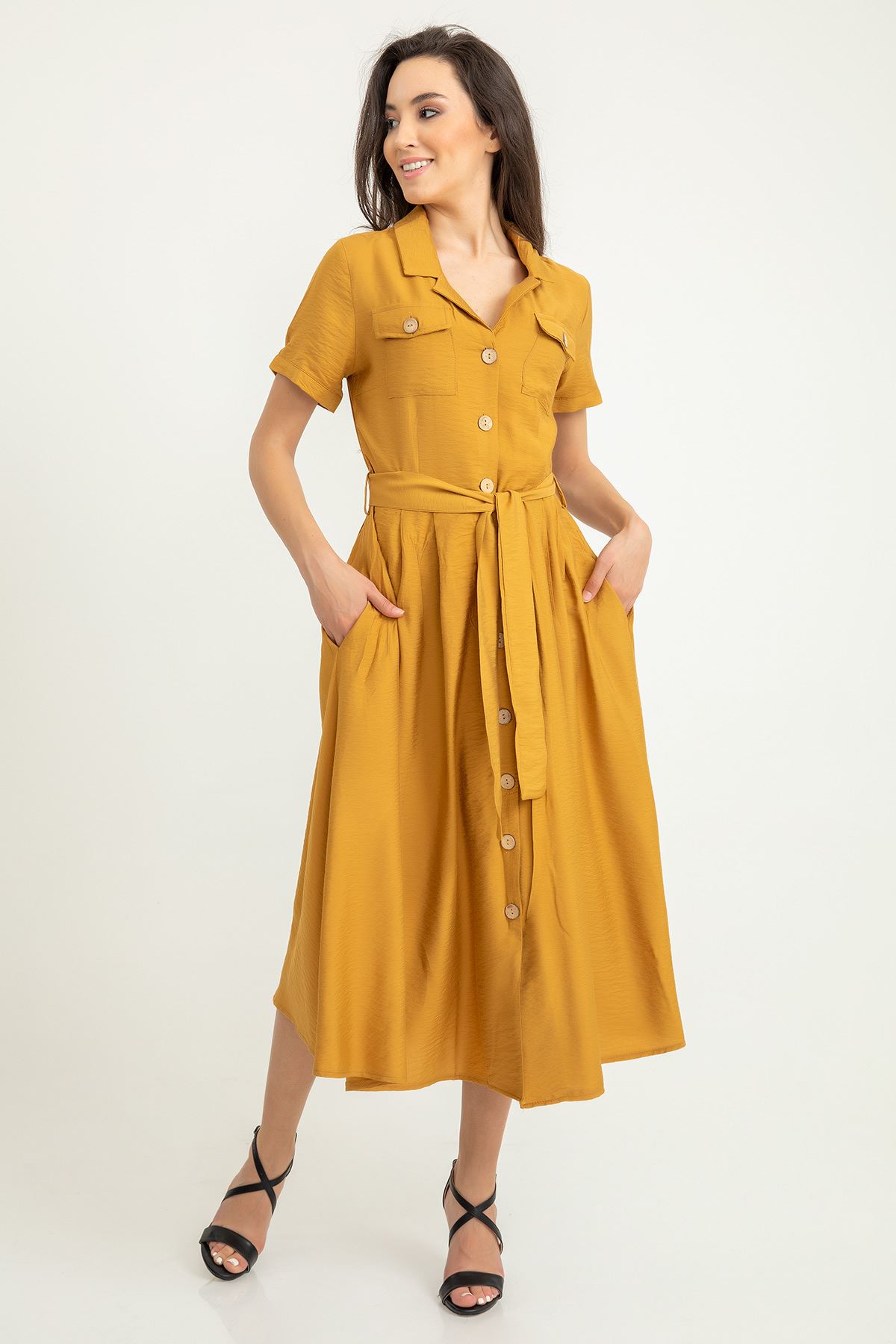 Aerobin Fabric Shirt Collar Midi Laced Pocket Women Dress - Light Brown