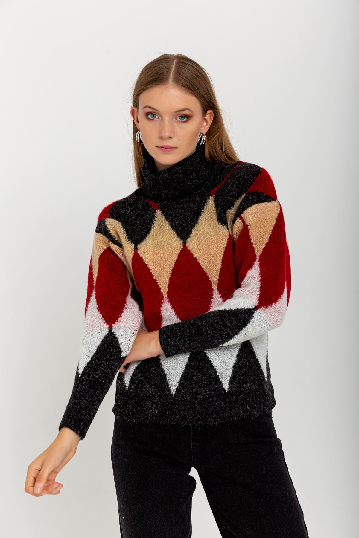 Knitwear Fabric Long Sleeve Turtle Neck Geometric Pattern Women Sweater - Burgundy