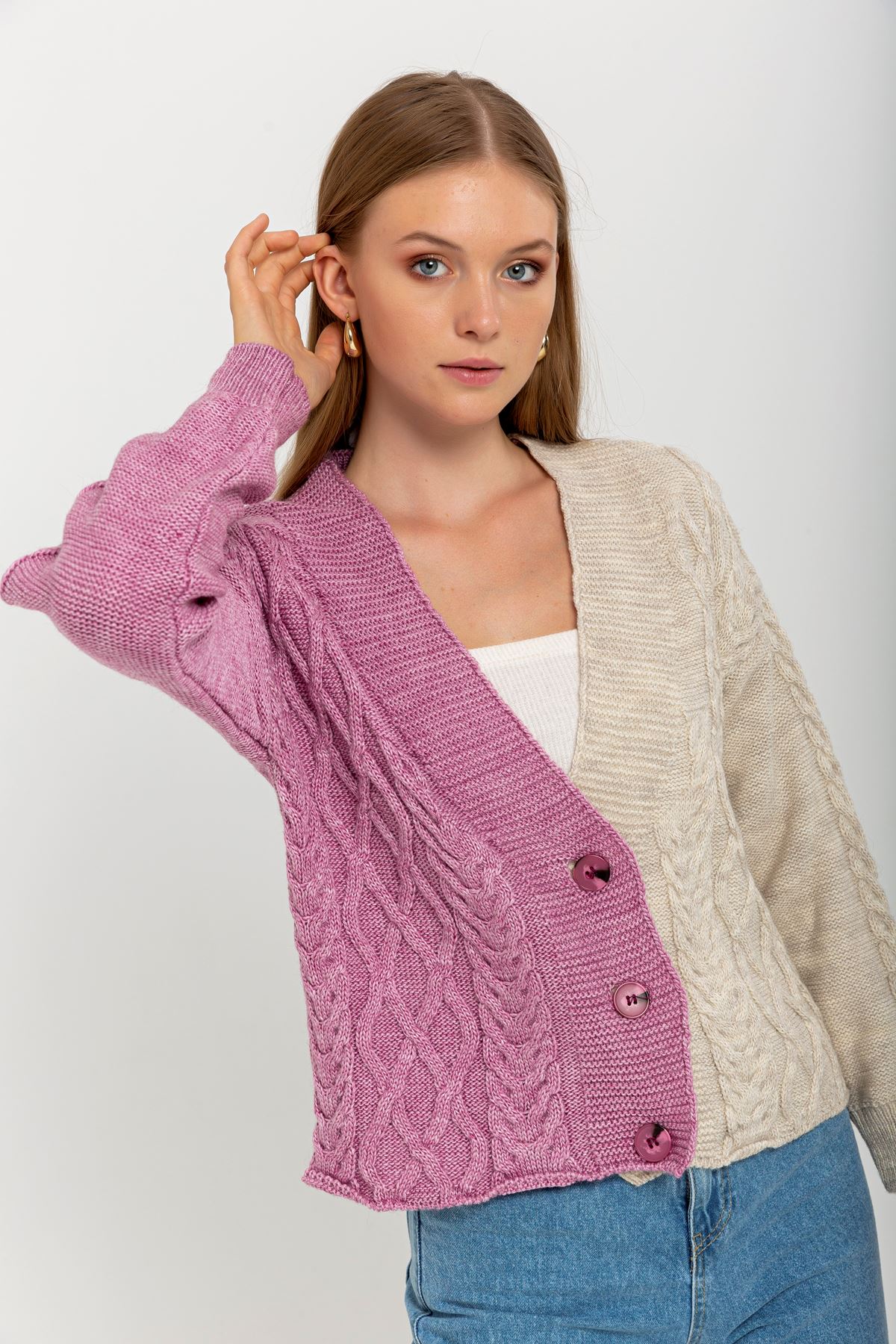 Knitwear Fabric Long Sleeve V-Neck Color-Blocked Women Cardigan - Pink