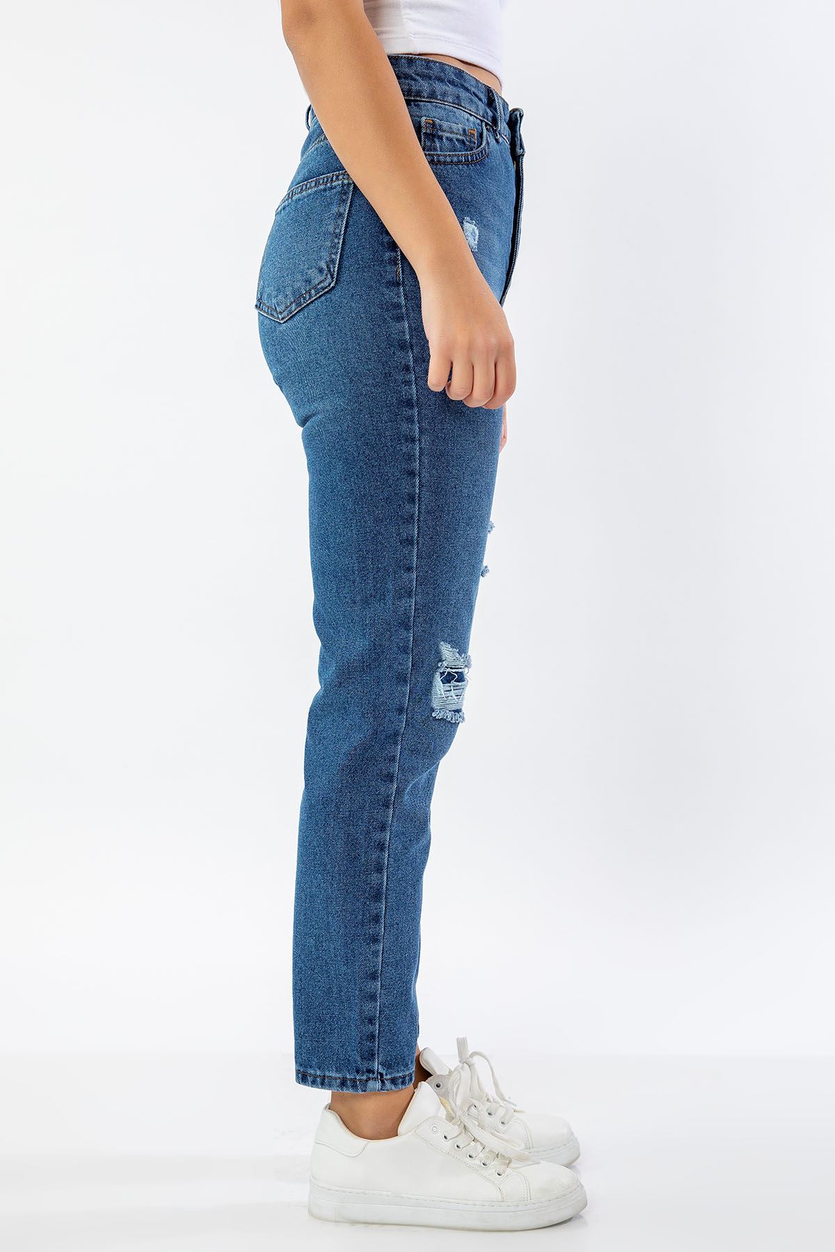 Denim Kumaş Bilek Boy Dizi Yırtık Jean Kadın Pantolon-Koyu Mavi
