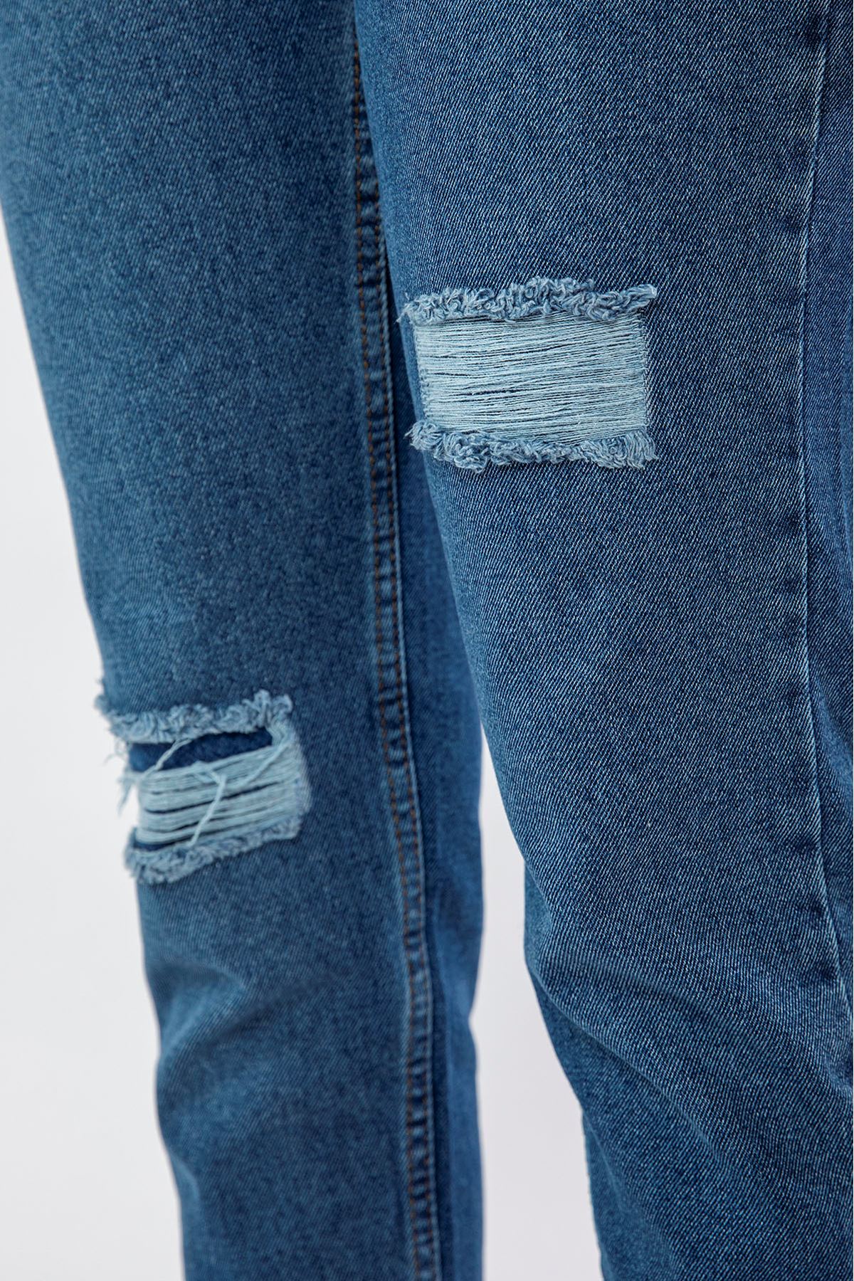 Denim Kumaş Bilek Boy Dizi Yırtık Jean Kadın Pantolon-Koyu Mavi