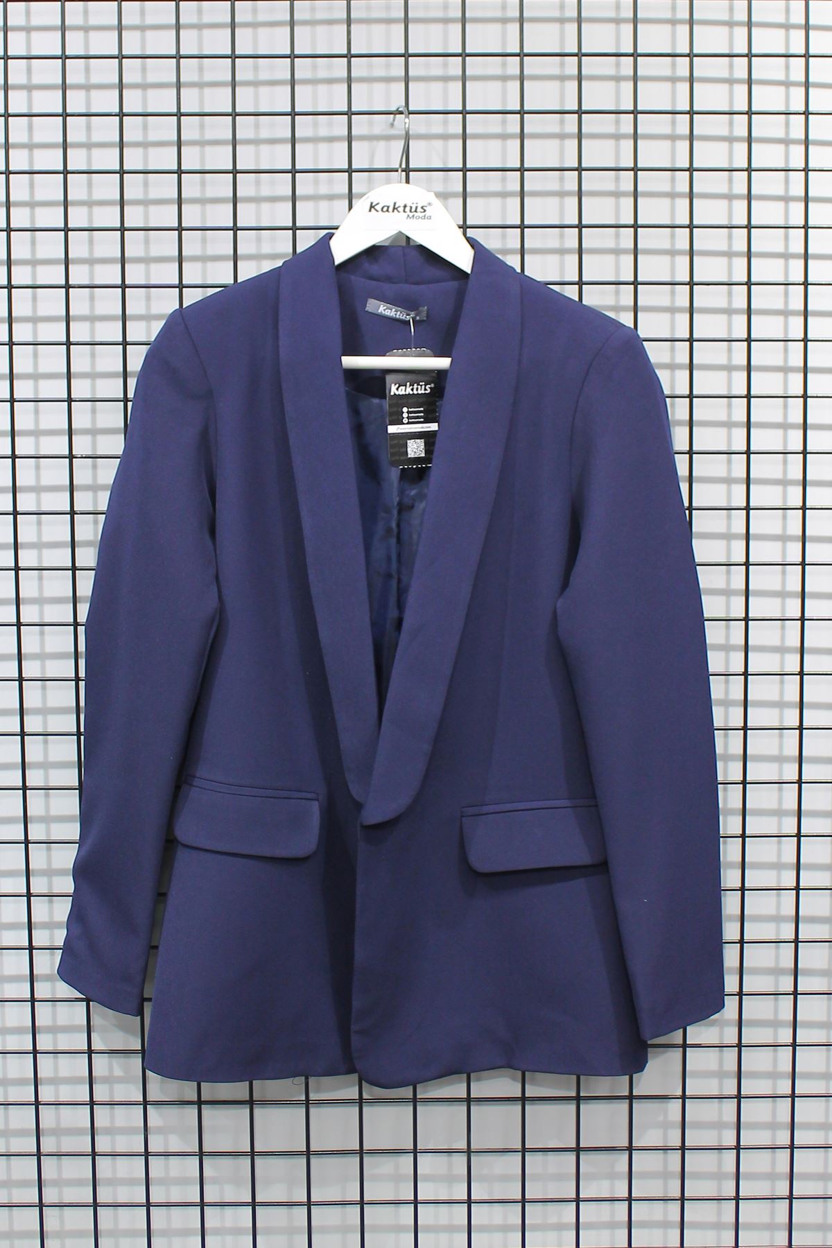 Polyester Fabric Shawl Collar Hip Height Classical Blazer Women Jacket - Navy Blue 