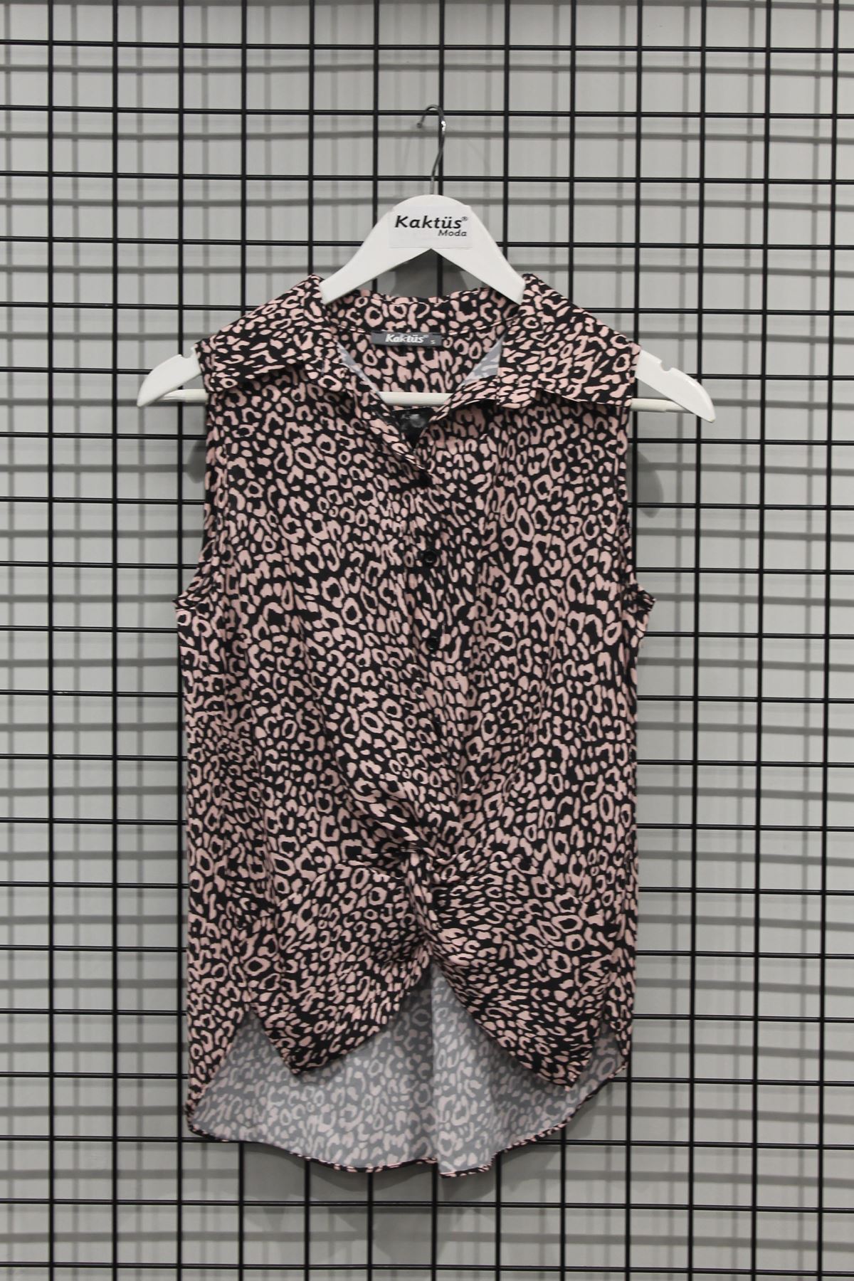 Jessica Fabric Sleeveless Shirt Collar Auger Leopard Print Blouse - Light Pink