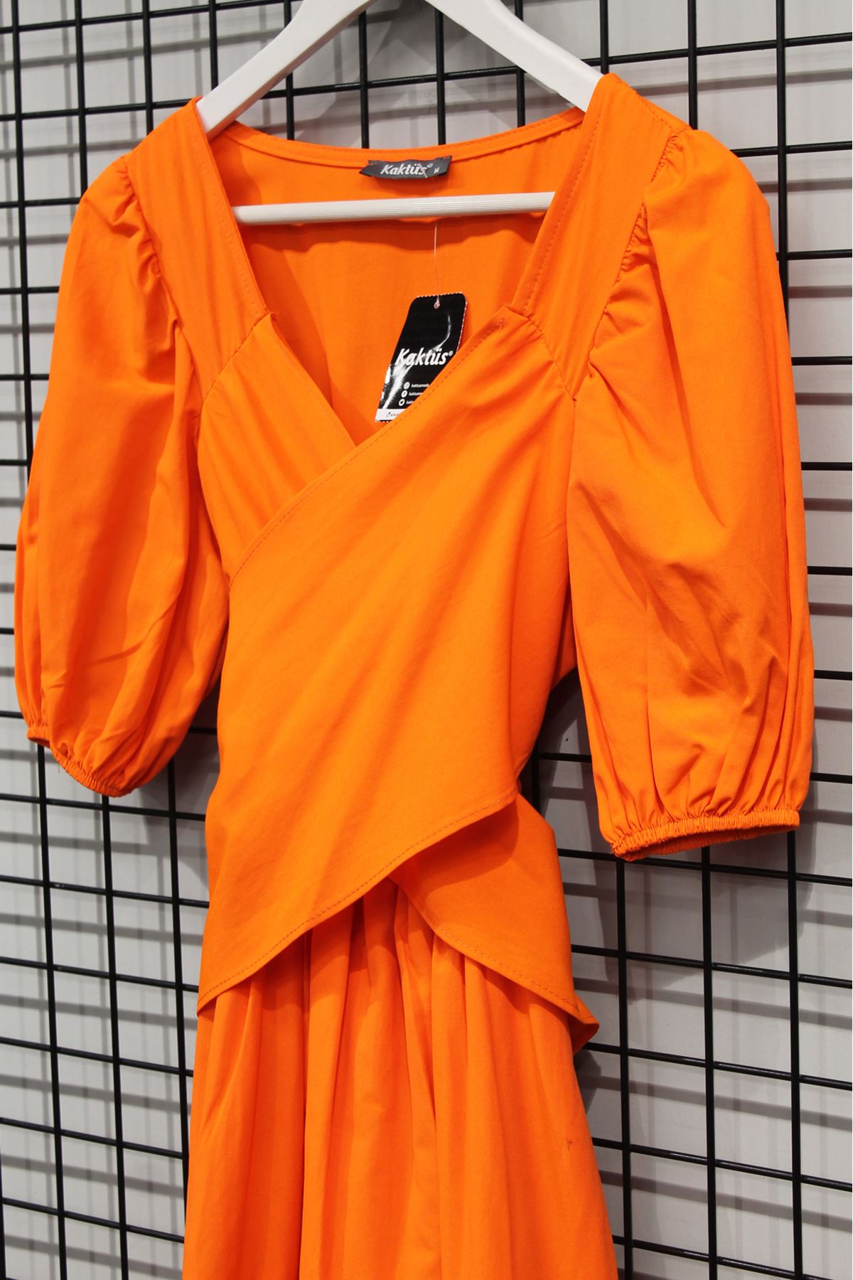Soft Fabric Balloon Sleeve Midi Tied Back Women Dress - Orange