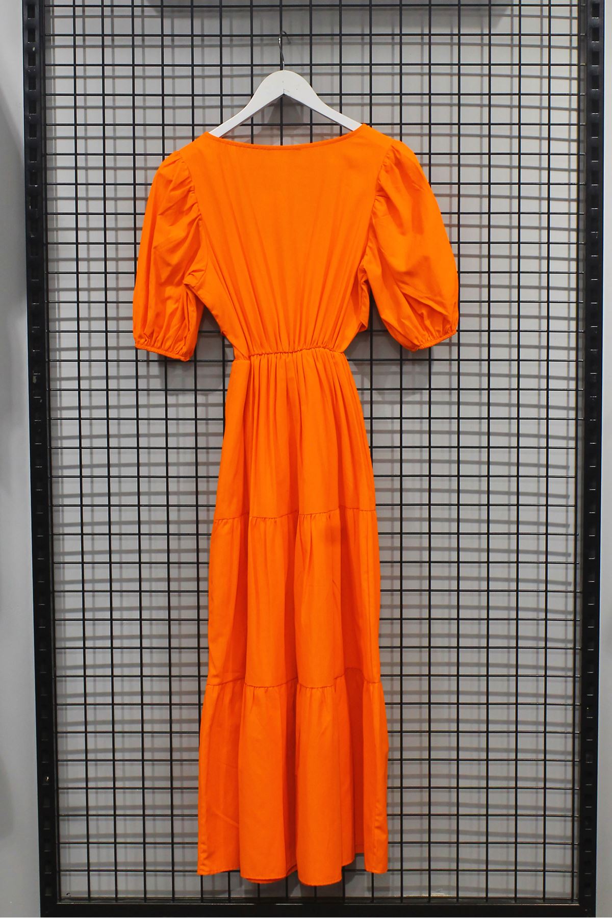 Soft Fabric Balloon Sleeve Midi Tied Back Women Dress - Orange