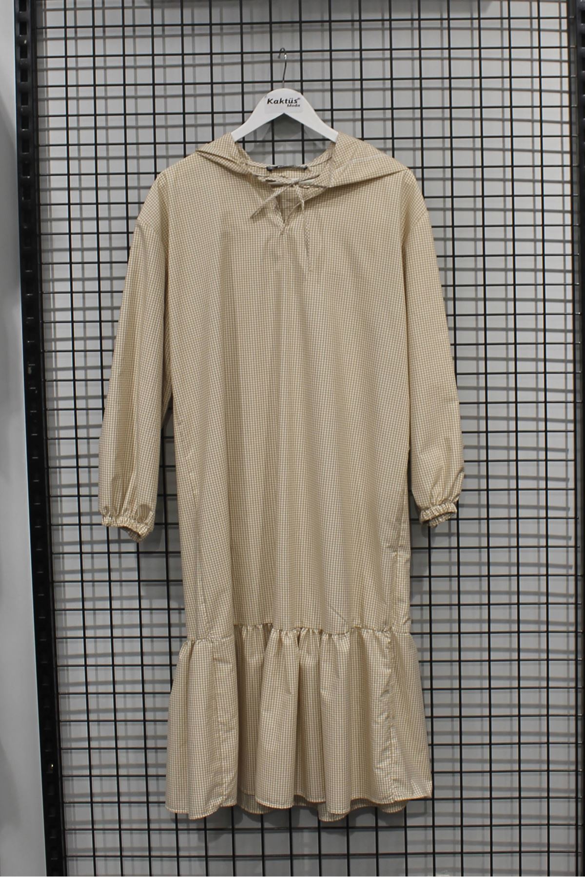 Cotton Fabric Long Sleeve Hooded Loose Fit Midi Dress - Beige 