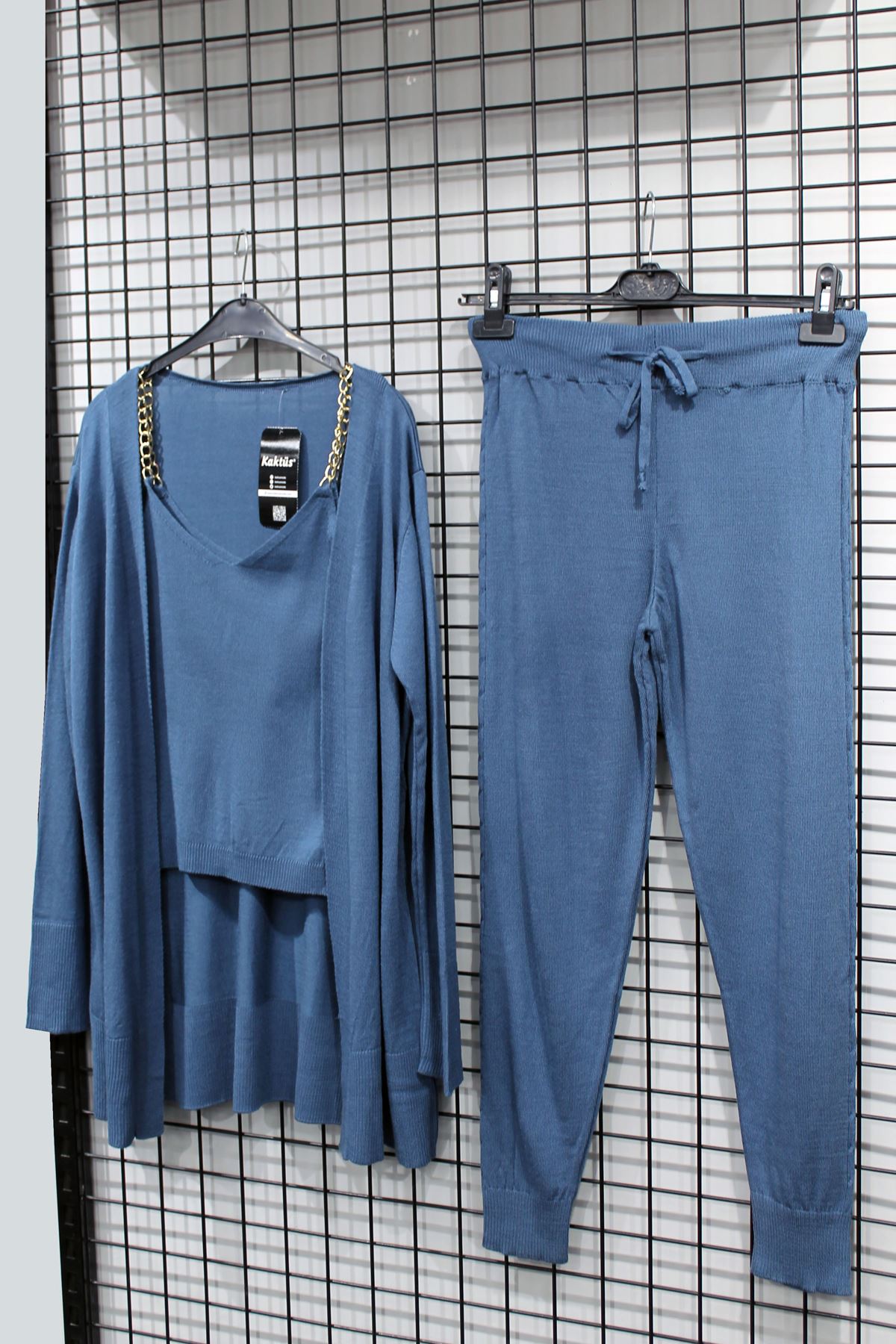 Knitwear Fabric Long Sleeve V-Neck Long Women'S Knitwear Set 3 Pieces - Navy Blue 