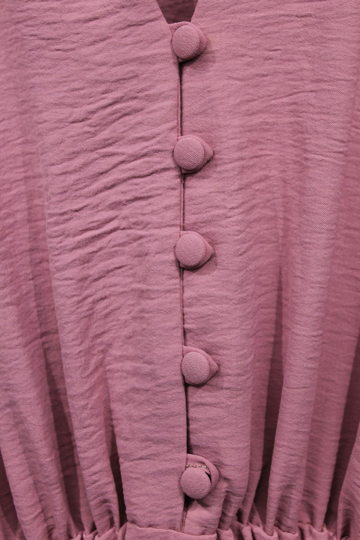 فستان نسائي قماش الكتان ذراع قصير طوق القميص ميدي - زهري غامق