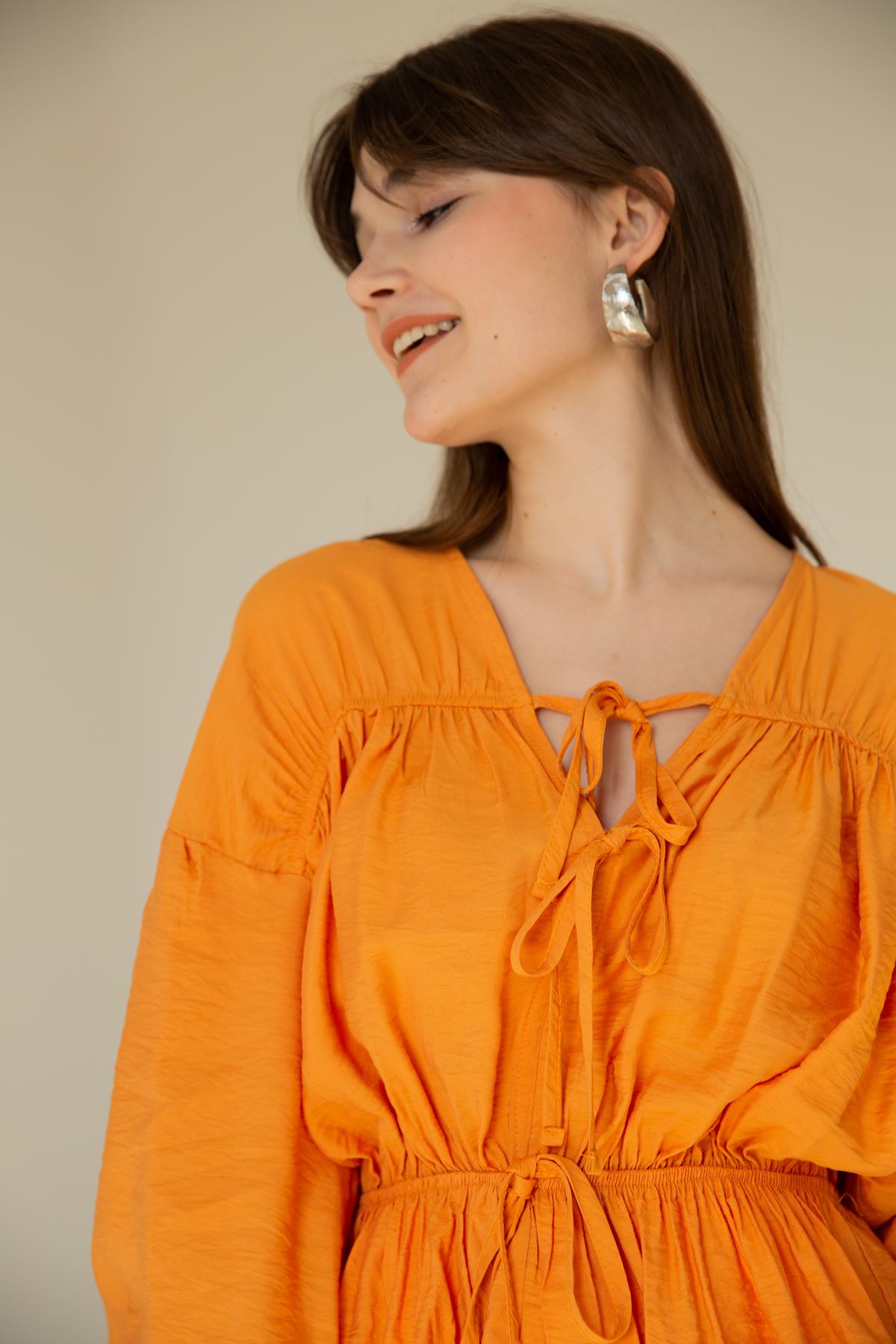 Seda Linen Fabric Tied detailed Women Shirt - Orange