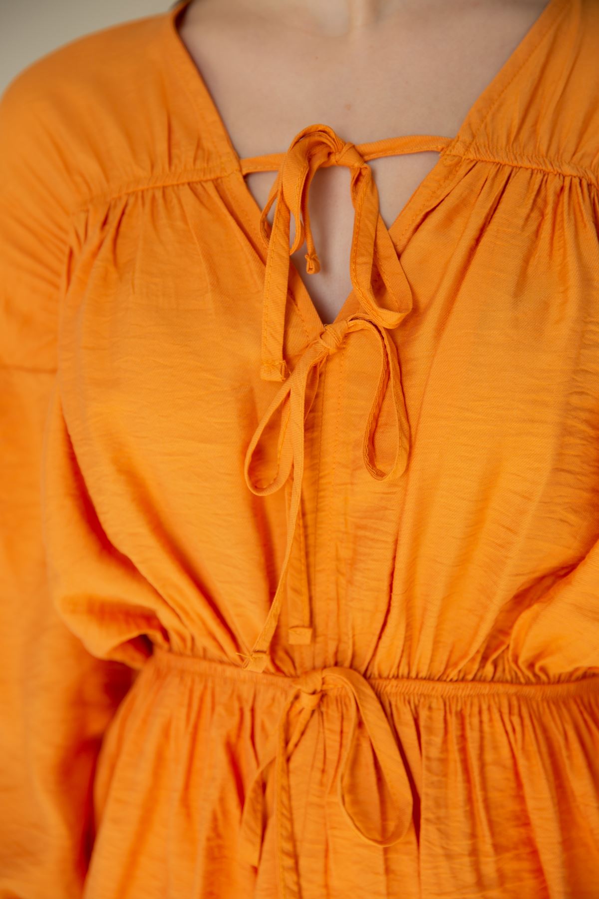 Seda Linen Fabric Tied detailed Women Shirt - Orange