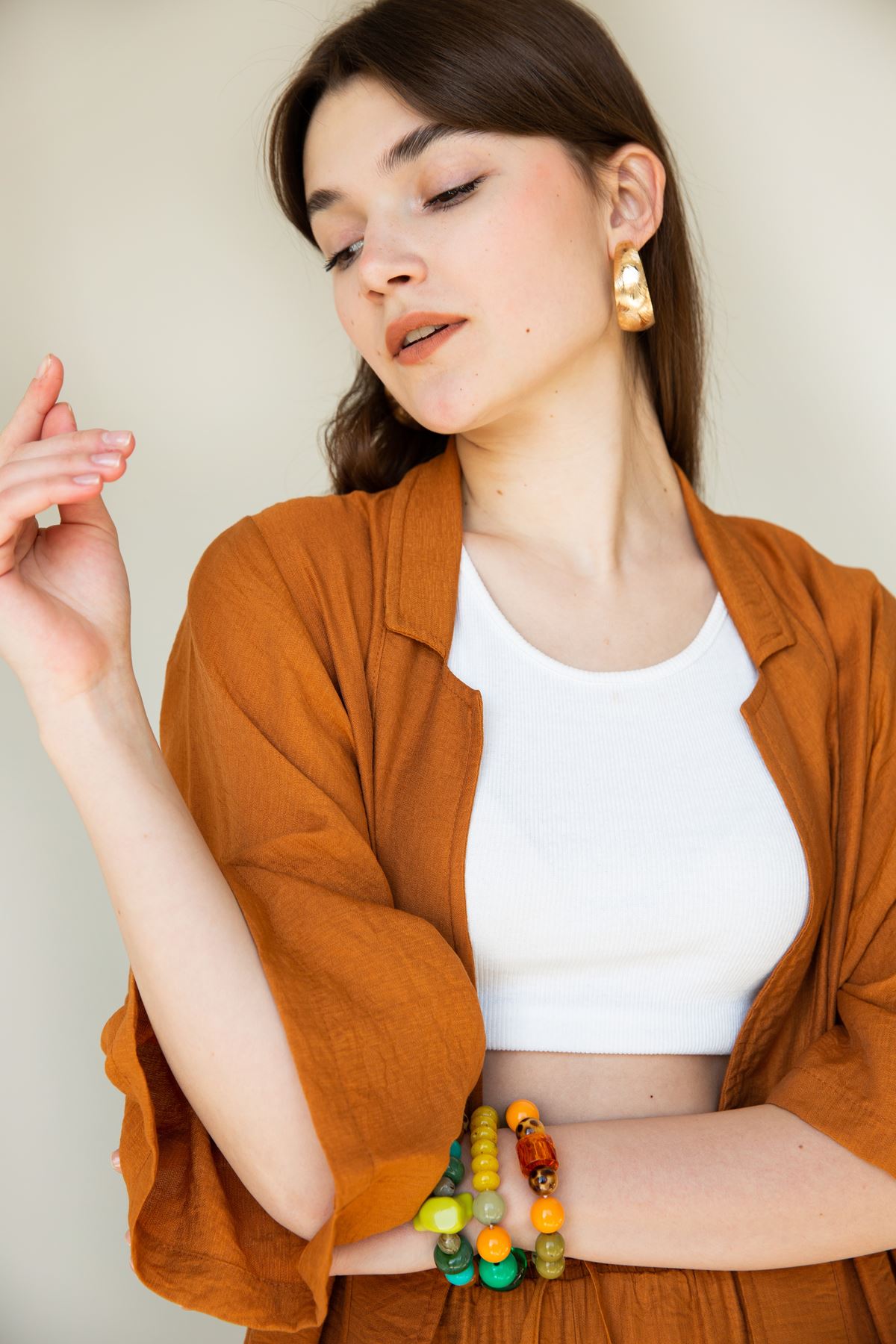 Linen Fabric Long Sleeve Revere Collar Hip Height Comfy Women Jacket - Brick 