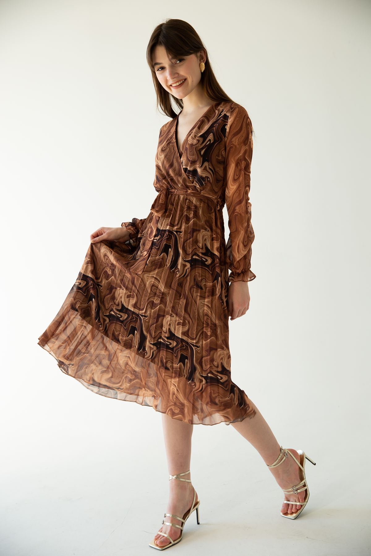 Chiffon Fabric Surplice Neck Marble Pattern Midi Dress-Brown