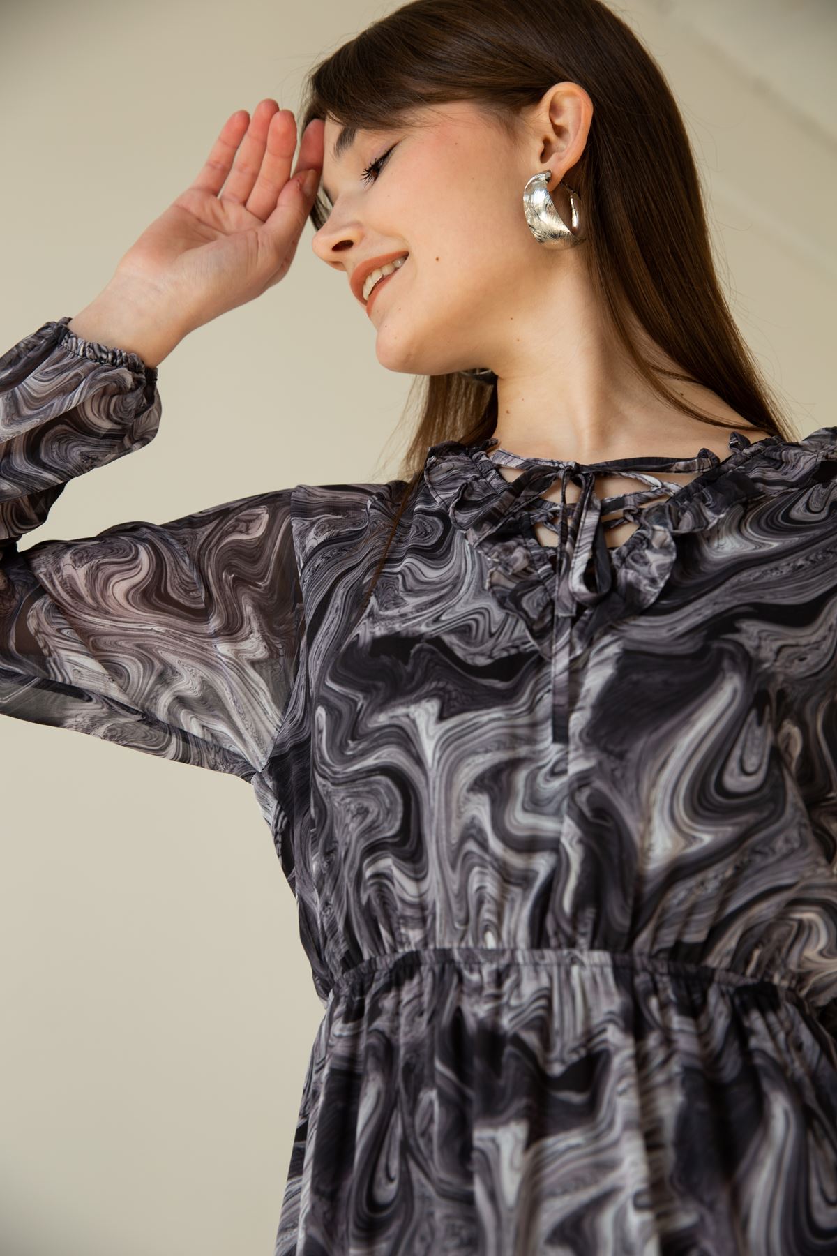 Chiffon Fabric Long A Cut Neck Detailed Women Dress - Black