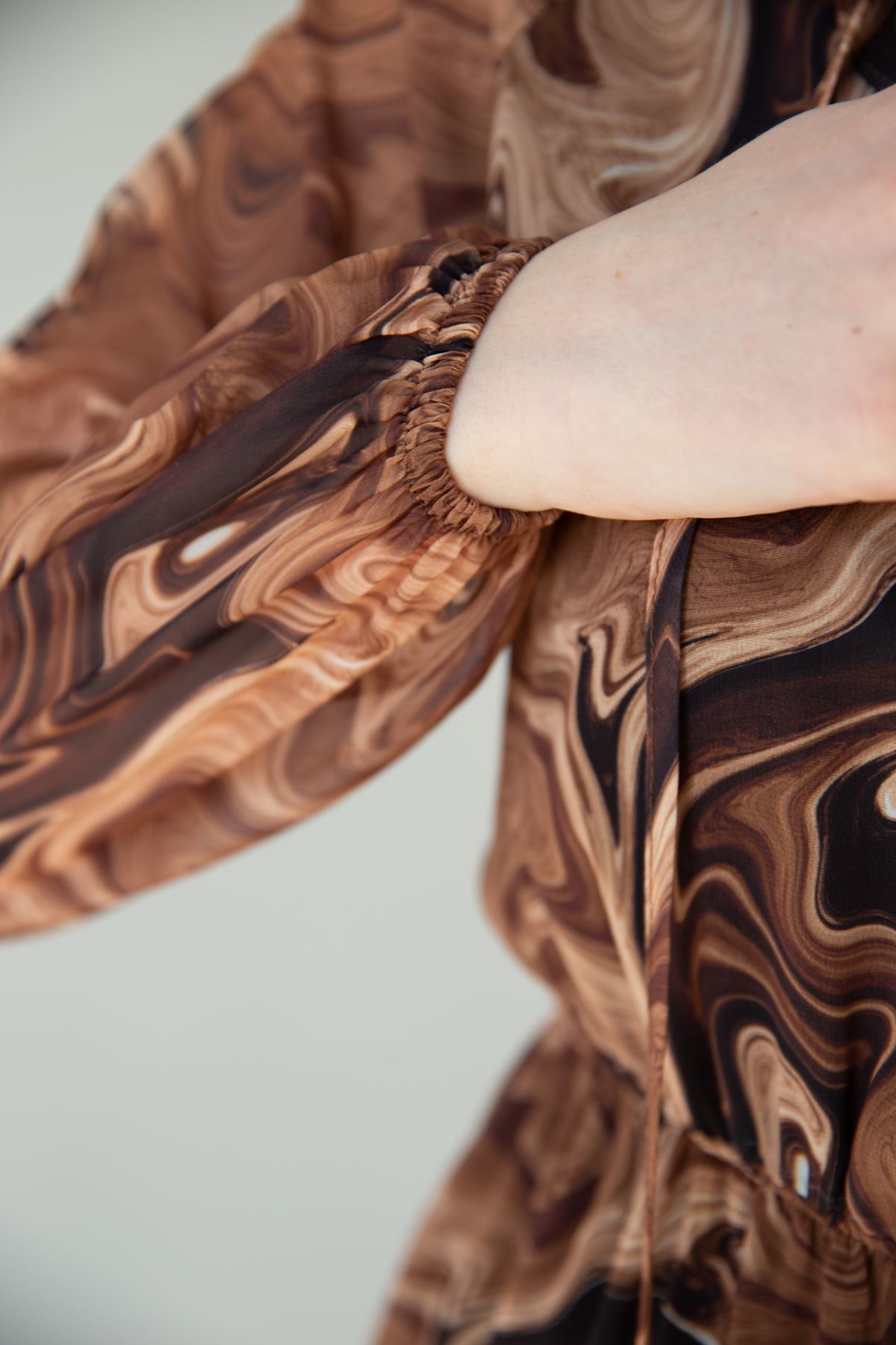 Chiffon Fabric Long A Cut Neck Detailed Women Dress-Brown