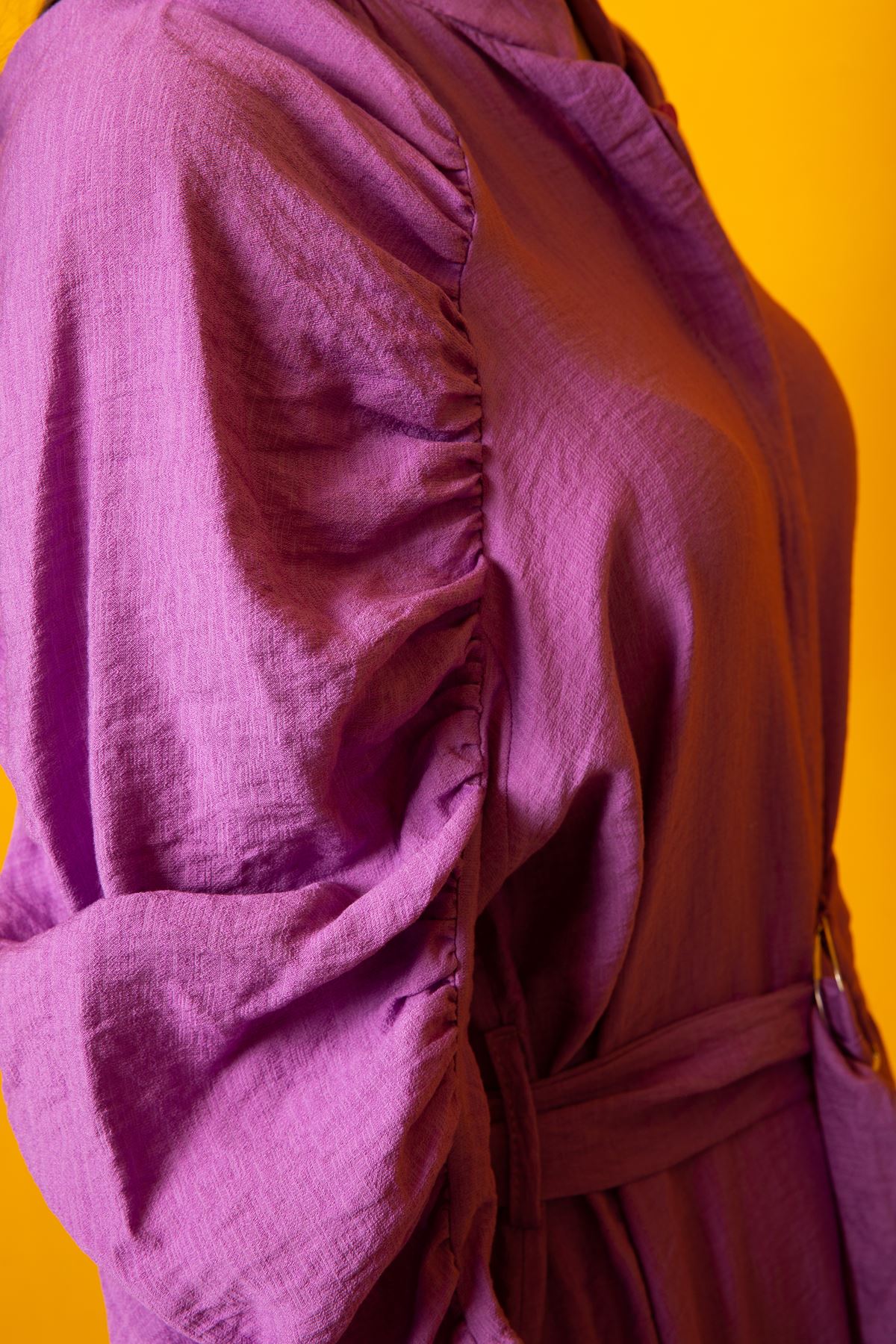 Seda Linen Fabric Band Collar Sleeve detailed Short Dress - Purple