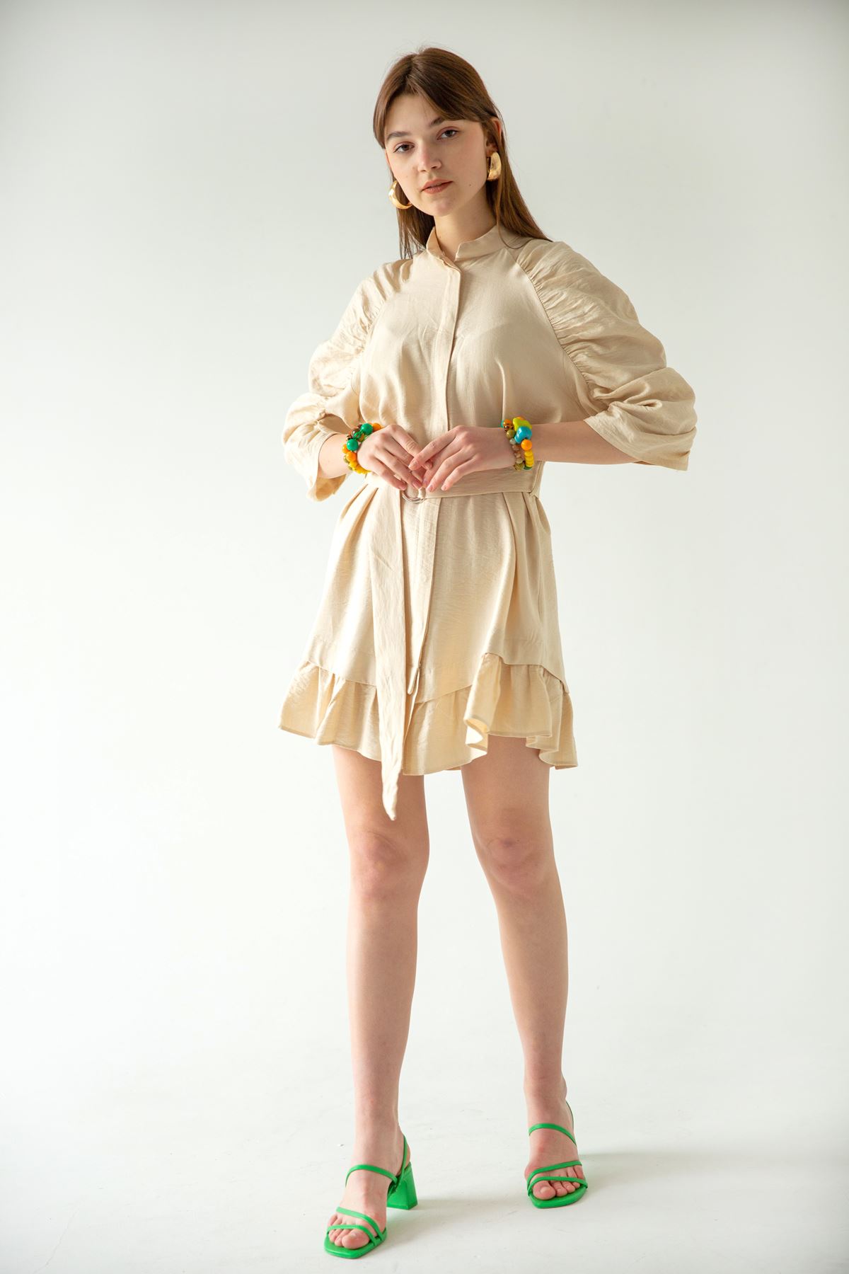 Seda Linen Fabric Band Collar Sleeve detailed Short Dress - Beige 