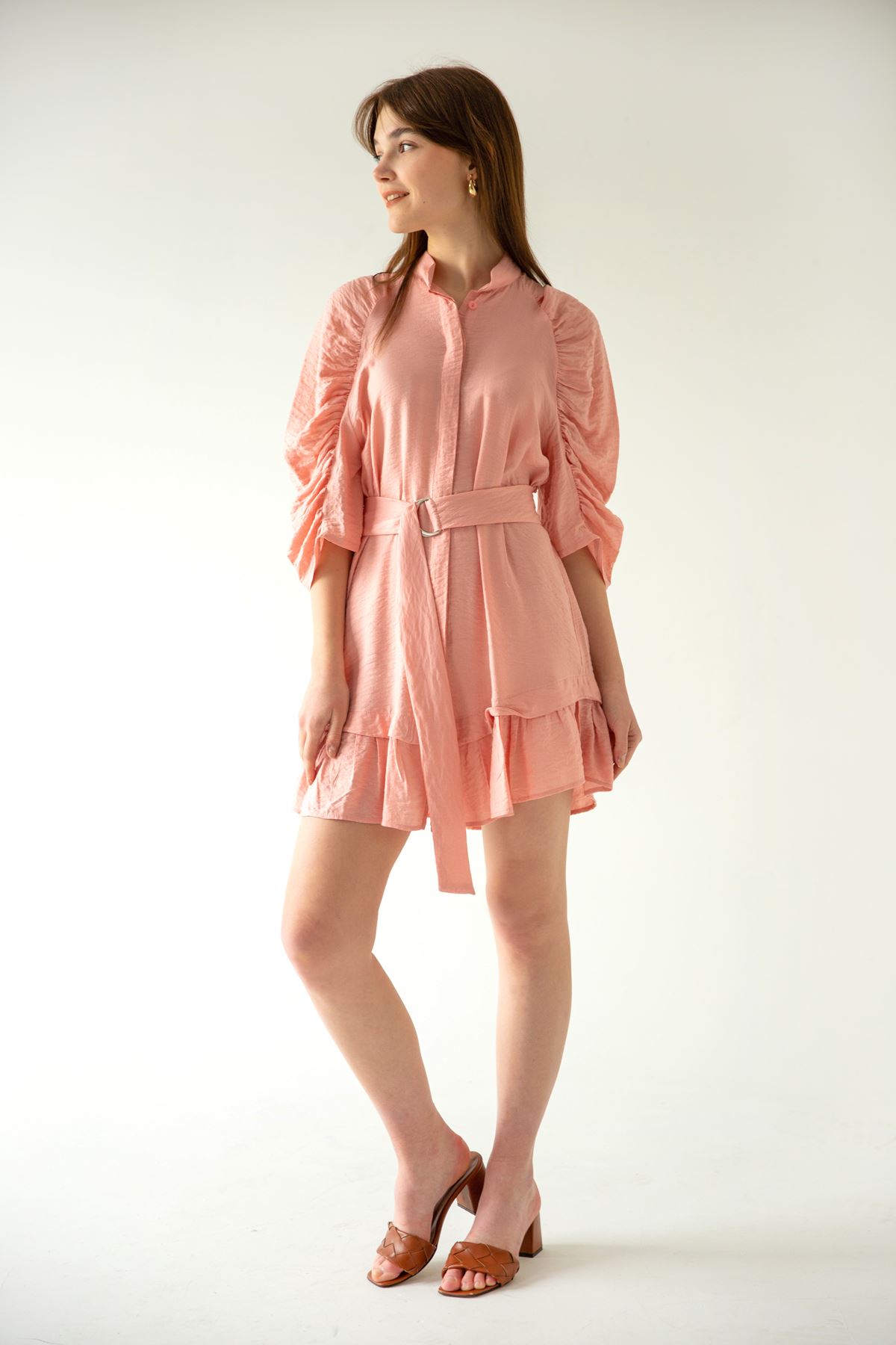 Seda Linen Fabric Band Collar Sleeve detailed Short Dress - Light Pink