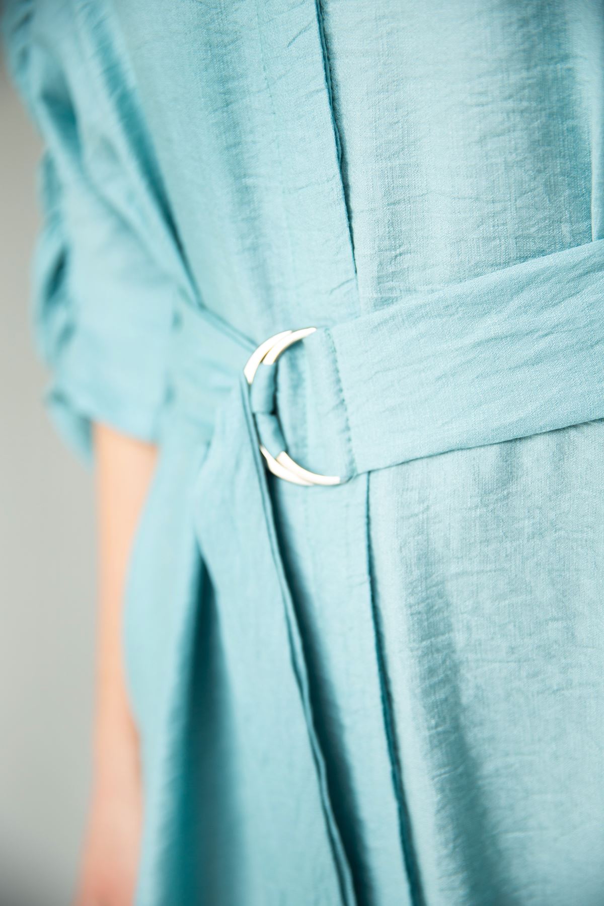 Seda Linen Fabric Band Collar Sleeve detailed Short Dress - Water Green