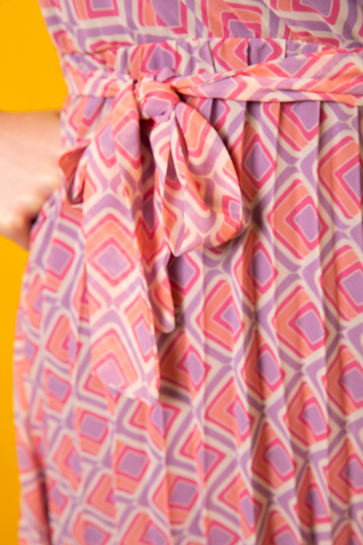 Şifon Kumaş Kruvaze Yaka Geometrik Desen Kadın Elbise-Somon