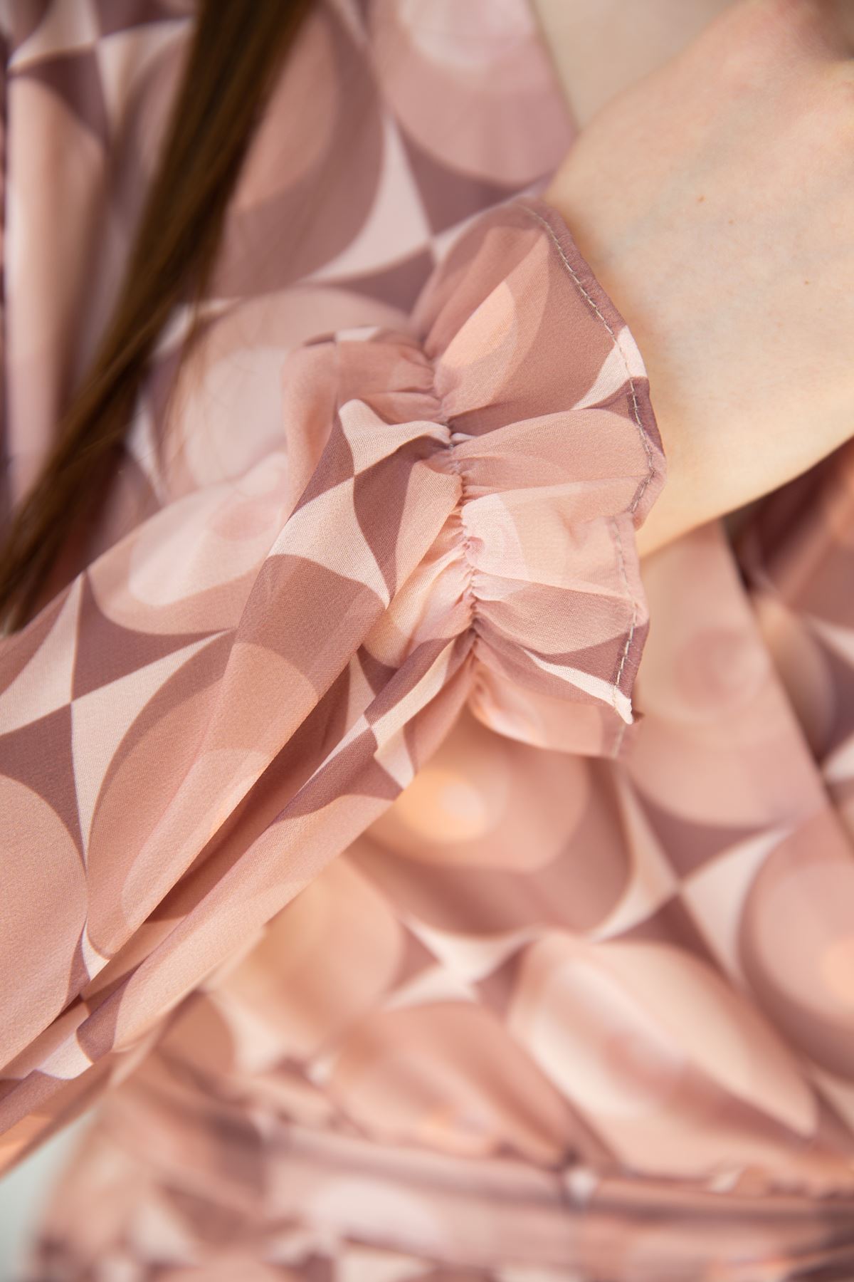 Chiffon Fabric Band Neck Geometric Pattern Women Dress - Pink