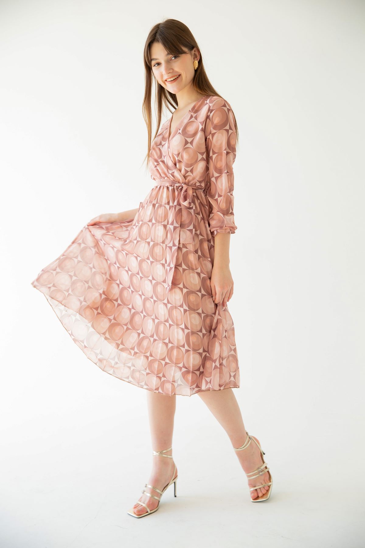 Şifon Kumaş Kruvaze Yaka Geometrik Desen Kadın Elbise-Pembe