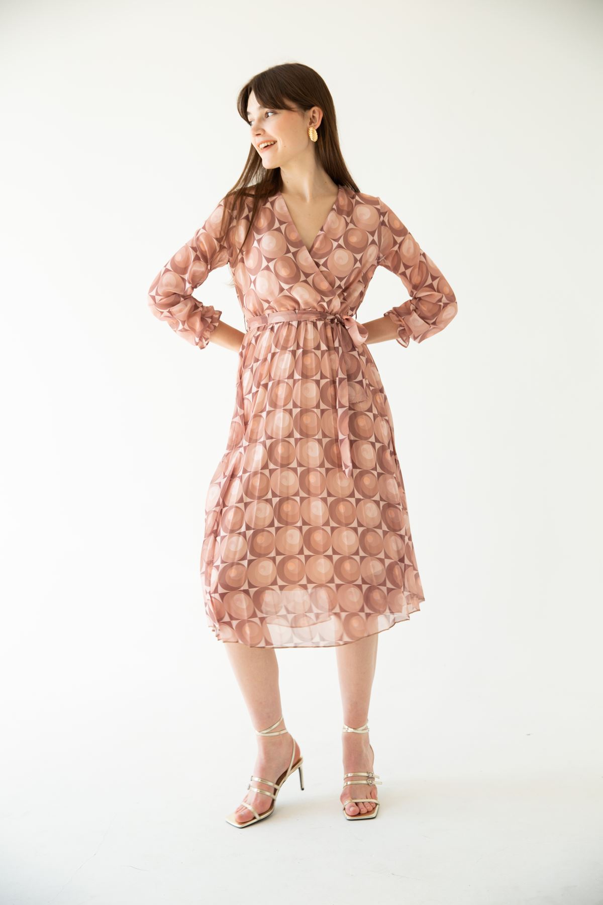 Chiffon Fabric Band Neck Geometric Pattern Women Dress-Brown