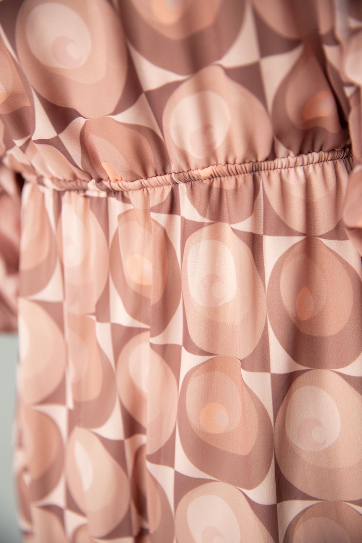 Chiffon Fabric Tied Neck Geometric Pattern Women Dress - Brown