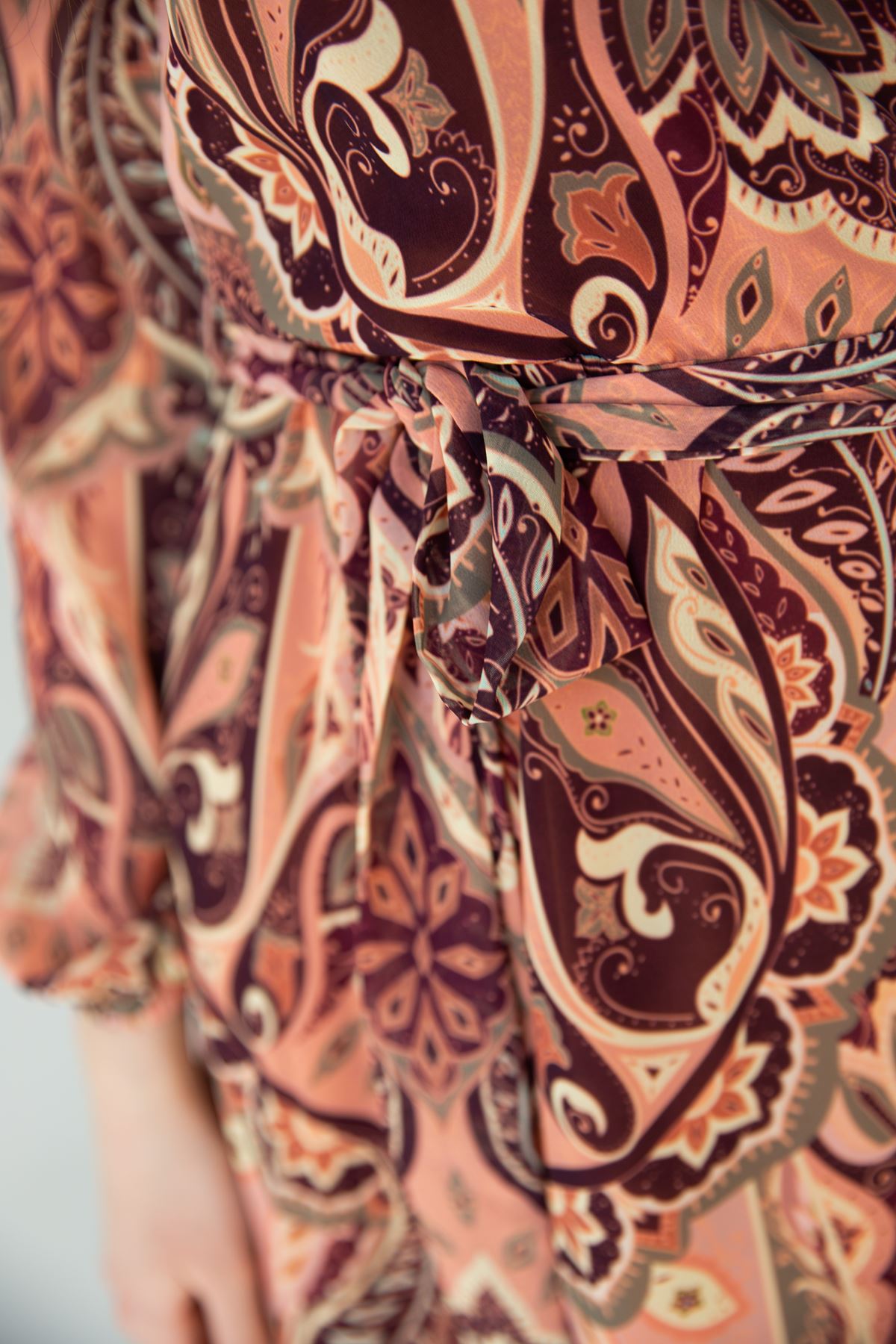 Chiffon Fabric Long Sleeve Band Neck Shawl Print Women Dress - Beige 
