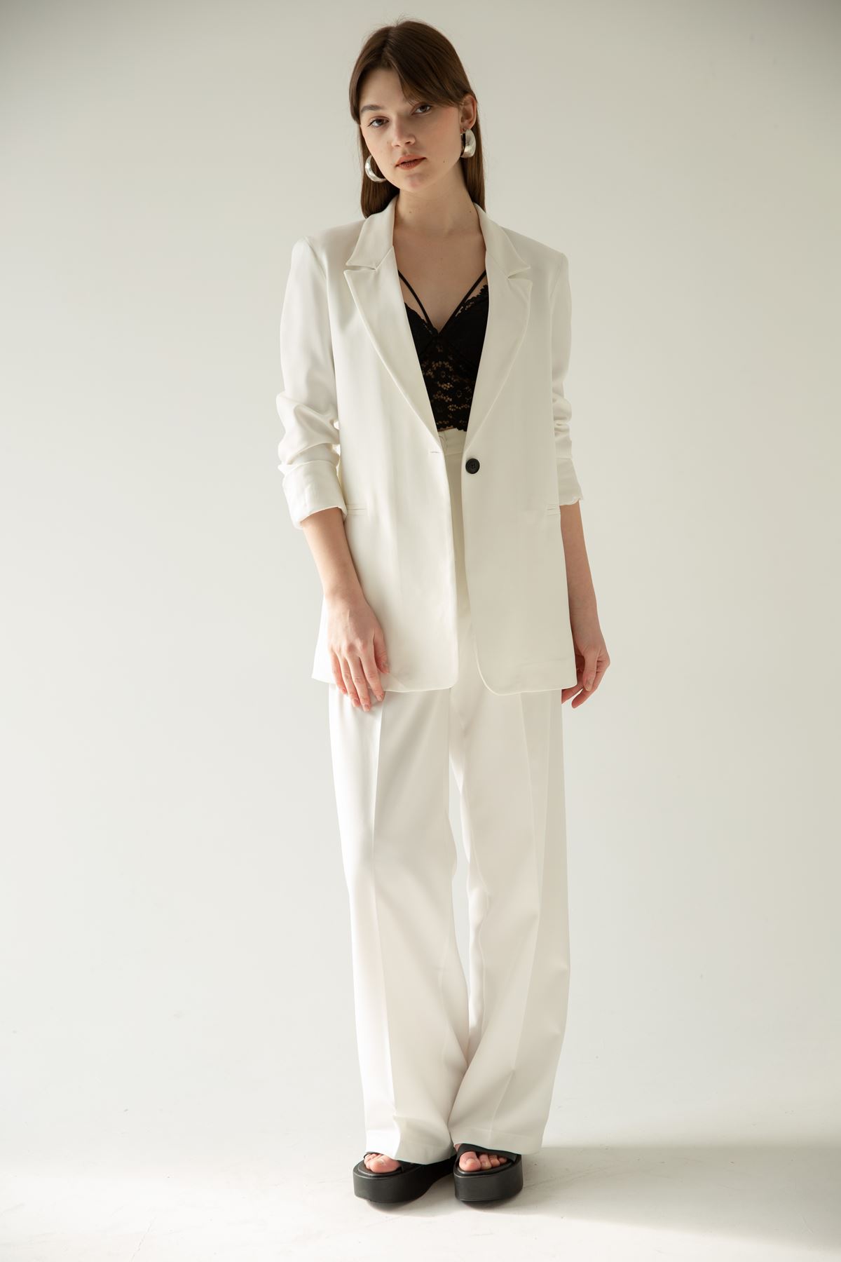 Atlas Fabric Long Sleeve Comfy Women Palazzo Trouser - Ecru