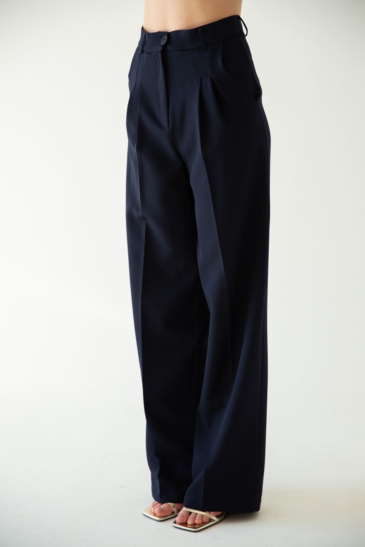 атлас ткань свободный покрой палаццо женские брюки-Темно синий
