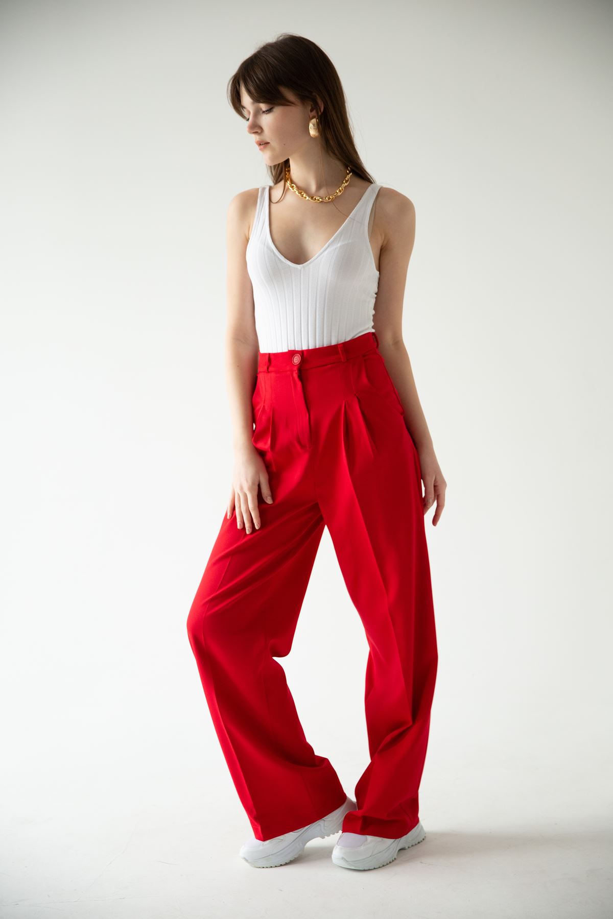 Atlas Fabric Long Sleeve Comfy Women Palazzo Trouser - Red