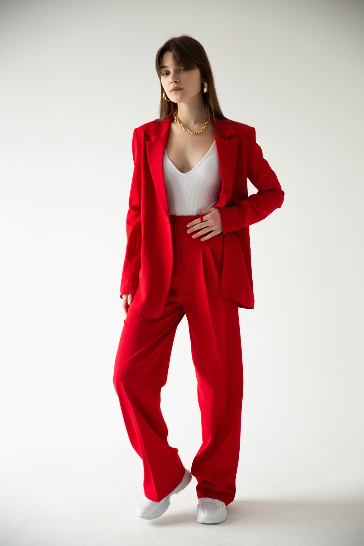 Atlas Fabric Long Sleeve Comfy Women Palazzo Trouser - Red